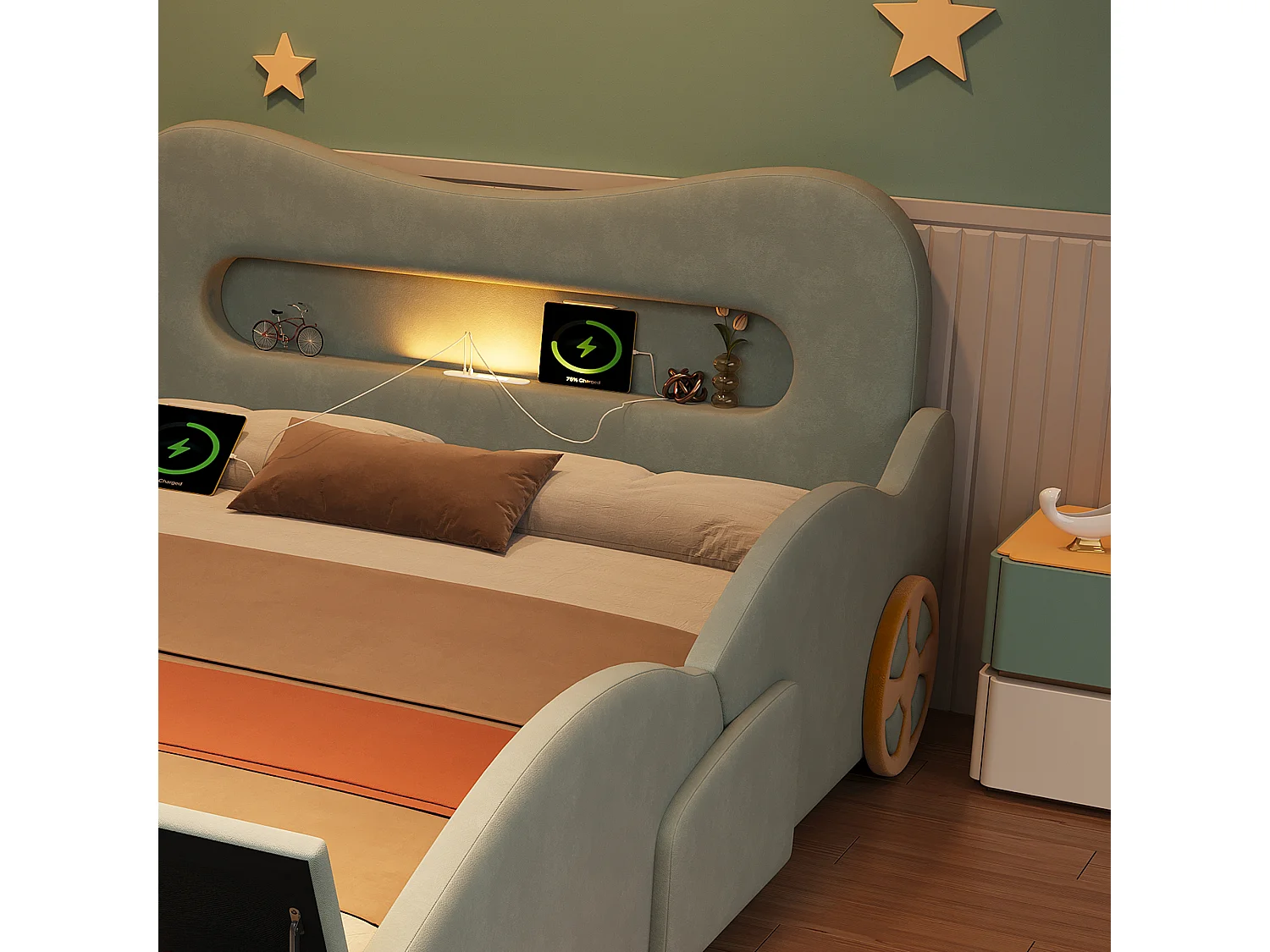 Lit voiture enfant 140x200cm avec lampe de lecture, port de charge, tiroir au pied et roues décoratives, lit rembourré en velours, vert