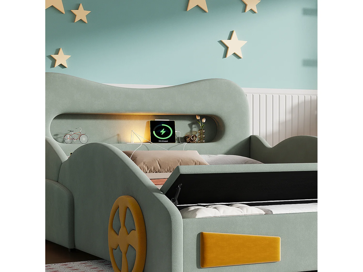 Lit voiture enfant 140x200cm avec lampe de lecture, port de charge, tiroir au pied et roues décoratives, lit rembourré en velours, vert