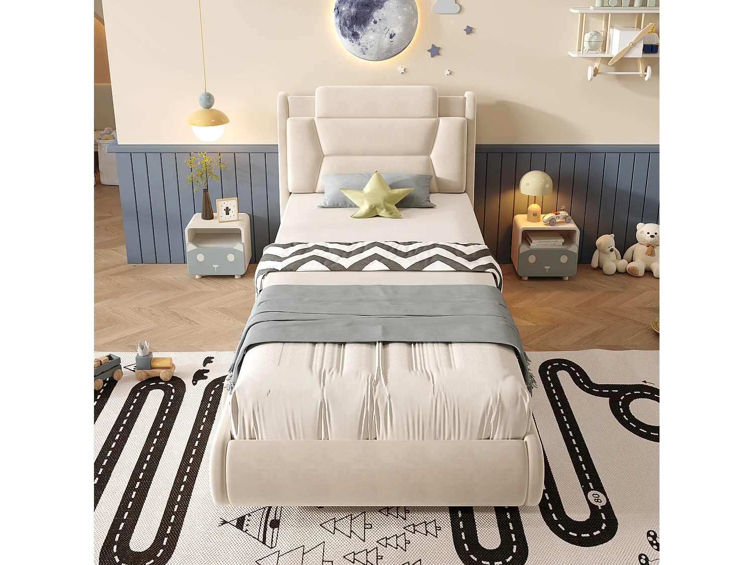 Lit voiture enfant rembourré 90x200cm, tête de lit réglable sur 2 hauteurs, dossier épais style siège auto et roues LED, velours beige