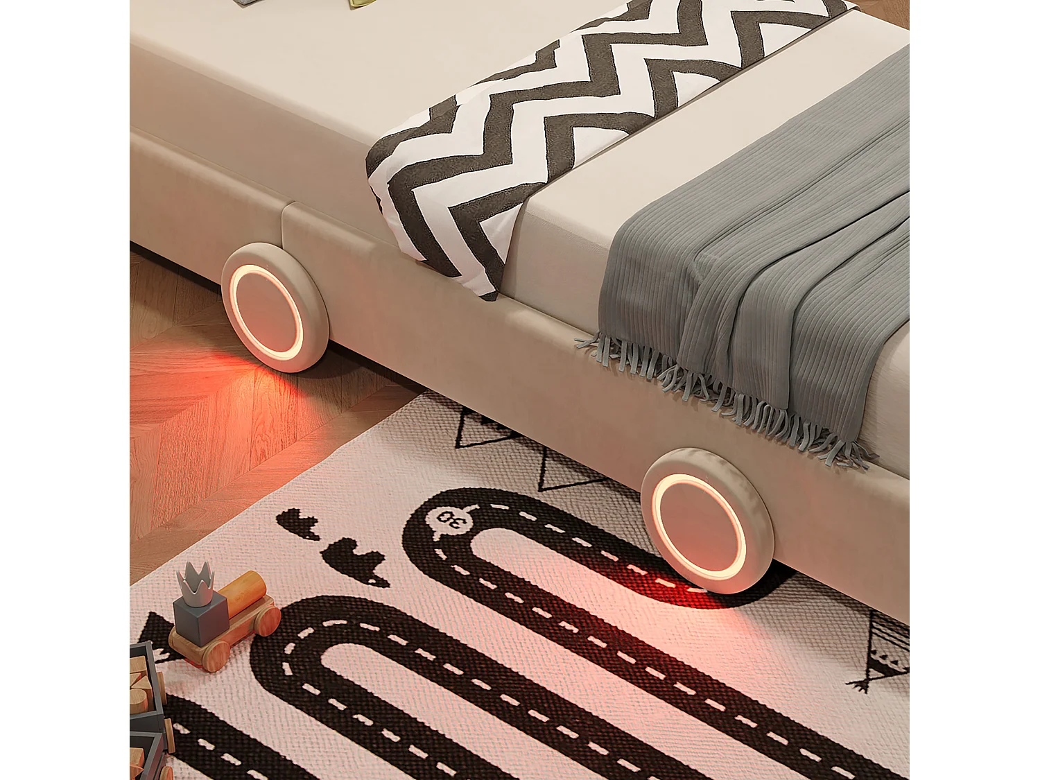 Lit voiture enfant rembourré 90x200cm, tête de lit réglable sur 2 hauteurs, dossier épais style siège auto et roues LED, velours beige