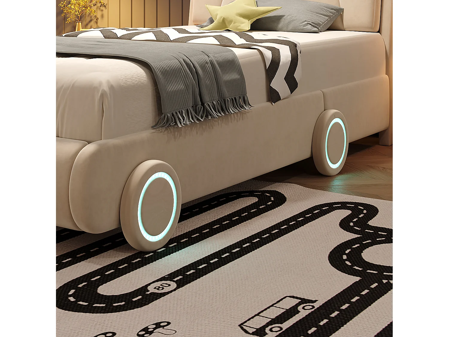 Lit voiture enfant rembourré 90x200cm, tête de lit réglable sur 2 hauteurs, dossier épais style siège auto et roues LED, velours beige