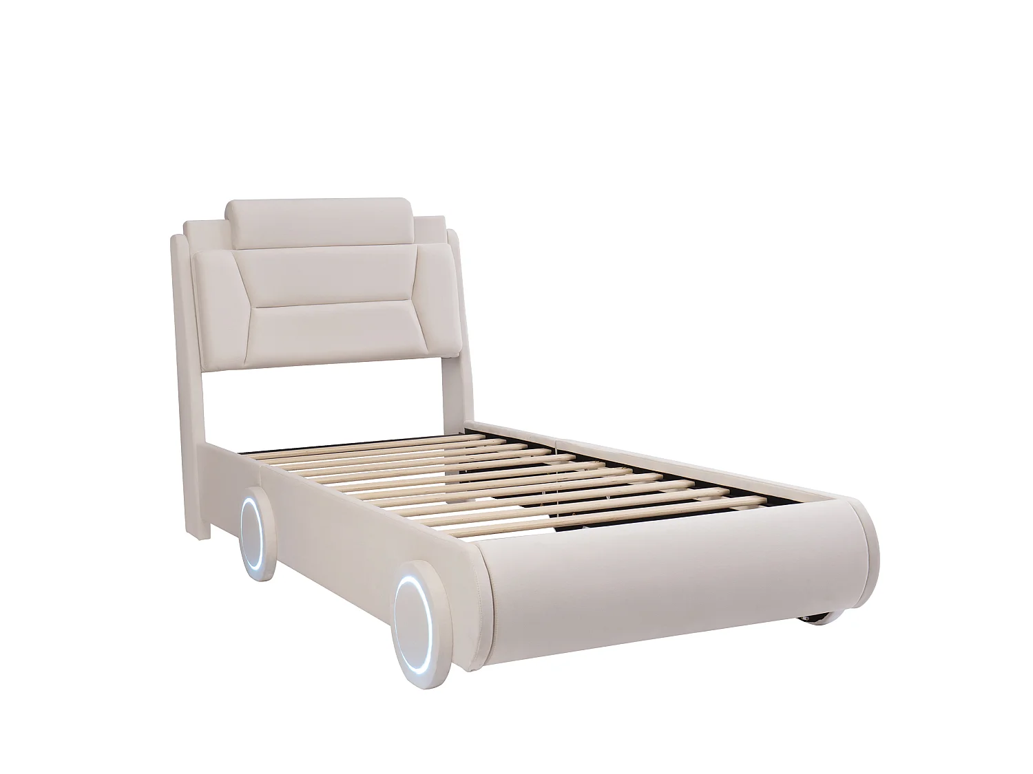 Lit voiture enfant rembourré 90x200cm, tête de lit réglable sur 2 hauteurs, dossier épais style siège auto et roues LED, velours beige