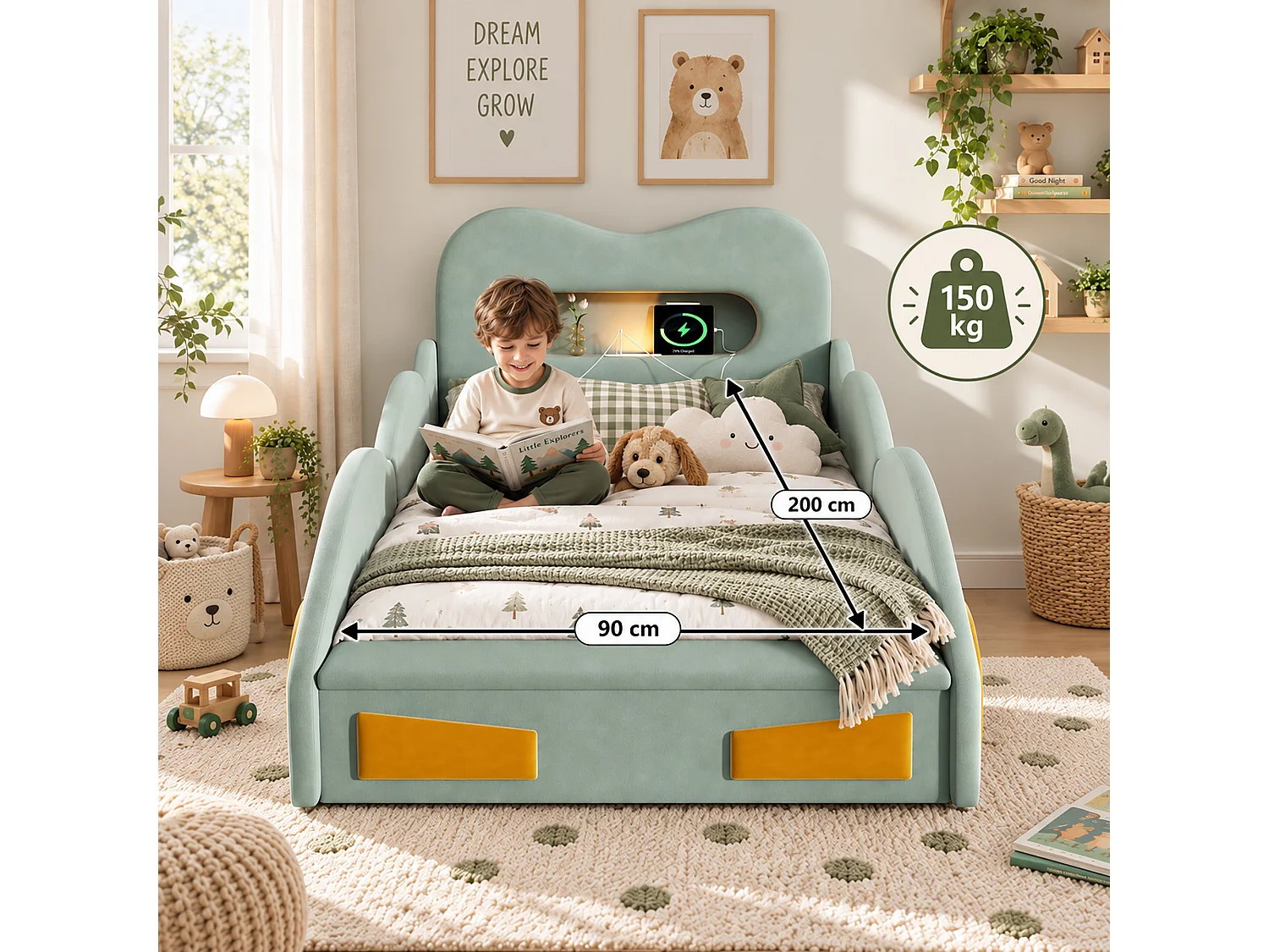 Lit voiture enfant 90x200cm avec lampe de lecture, port de charge, tiroir au pied et roues décoratives, lit rembourré en flanelle, vert