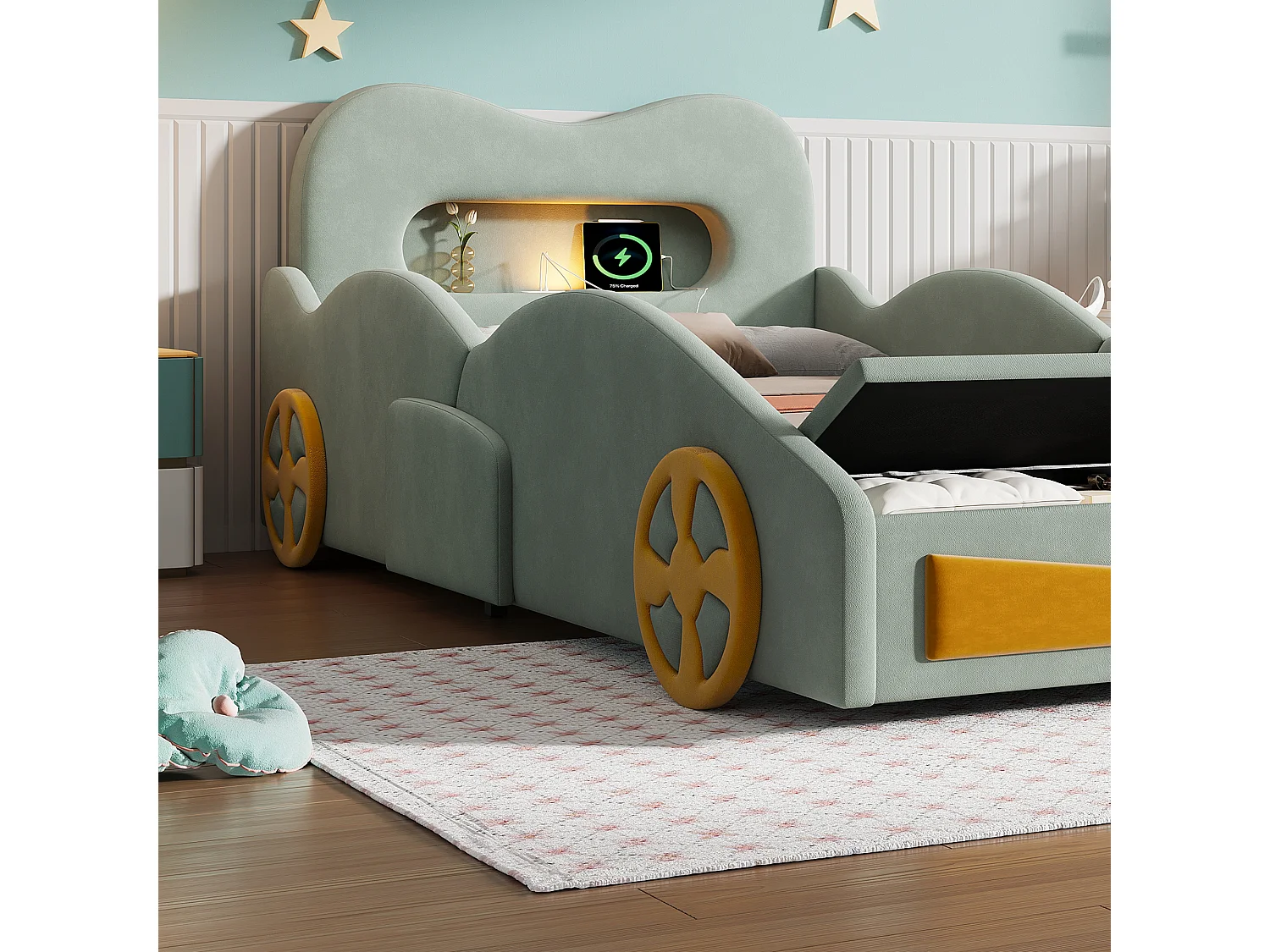 Lit voiture enfant 90x200cm avec lampe de lecture, port de charge, tiroir au pied et roues décoratives, lit rembourré en flanelle, vert