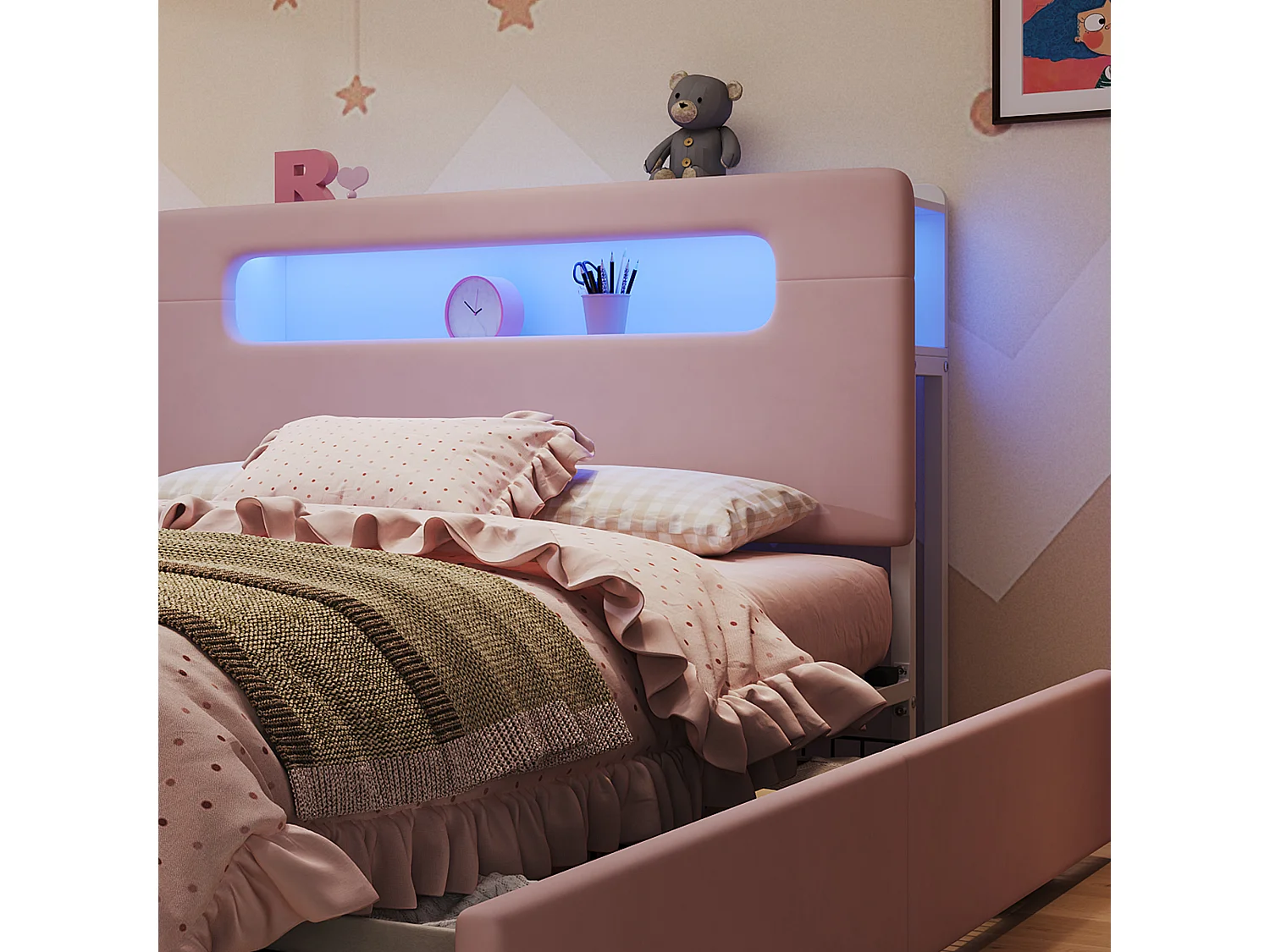 Lit enfant rembourré 140 x 200 cm, 4 tiroirs, tête de lit avec rangements, LED pilotée par application, rose