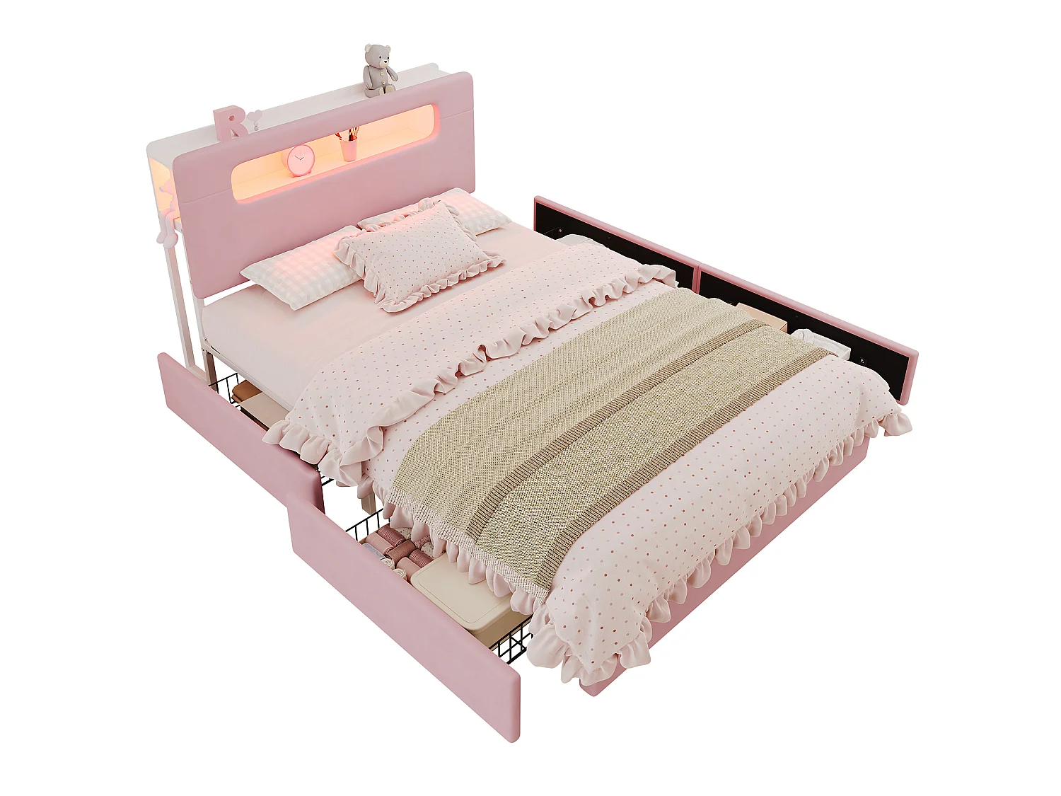 Lit enfant rembourré 140 x 200 cm, 4 tiroirs, tête de lit avec rangements, LED pilotée par application, rose
