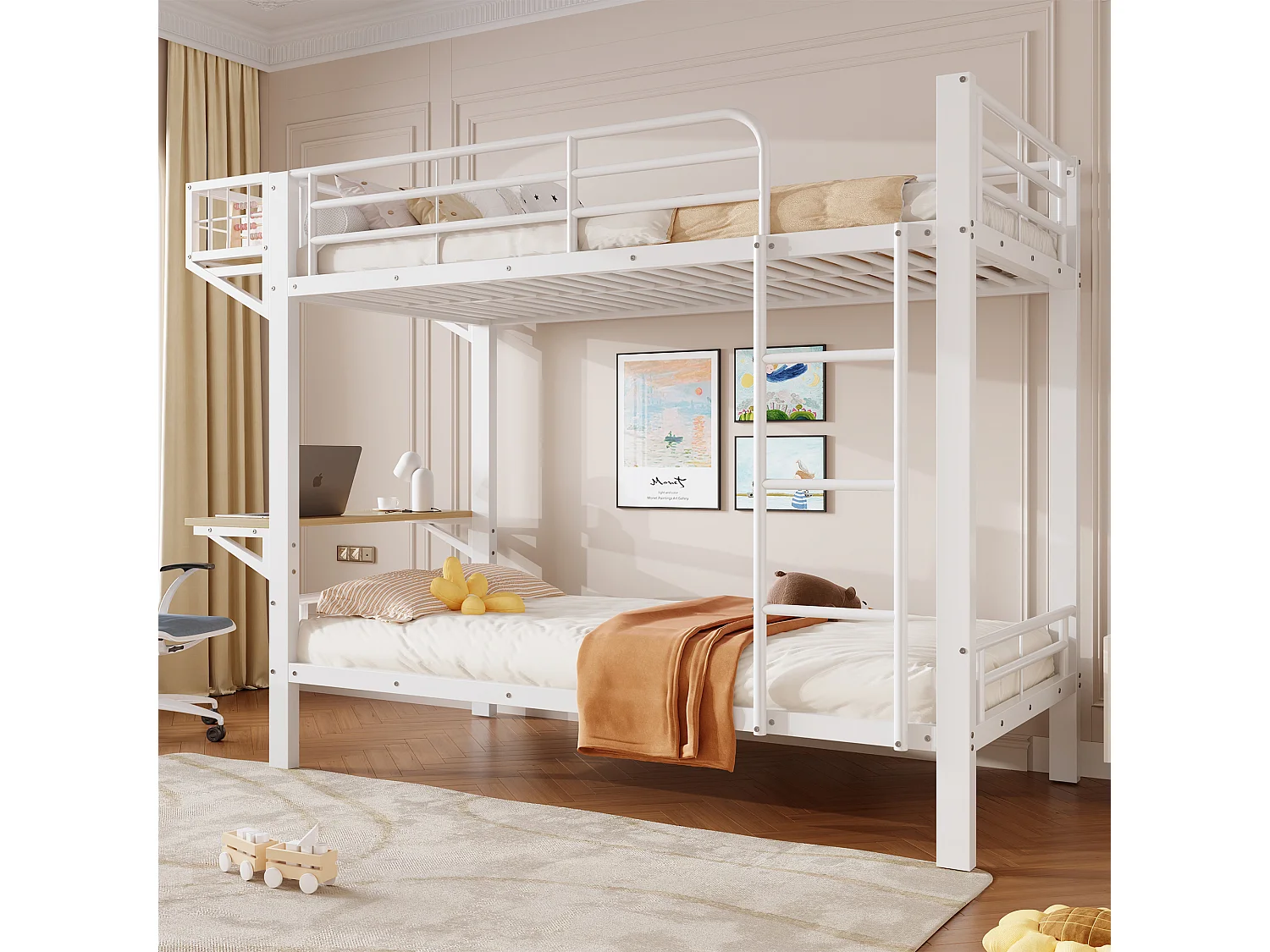 Lit superposé 90x200cm avec bureau, compartiment de rangement ouvert, garde-corps et échelle, couchages sans matelas, structure en métal blanc