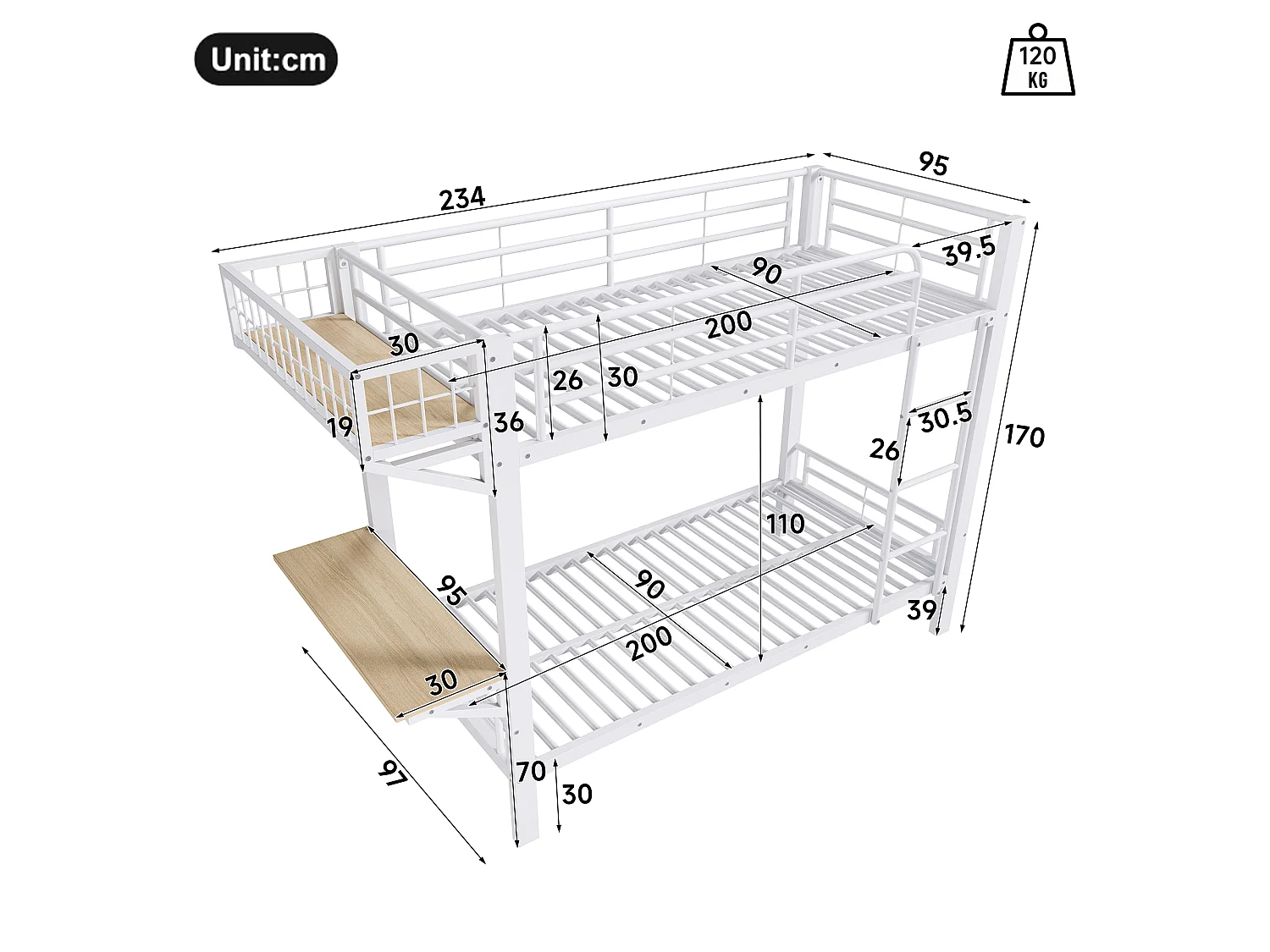Lit superposé 90x200cm avec bureau, compartiment de rangement ouvert, garde-corps et échelle, couchages sans matelas, structure en métal blanc