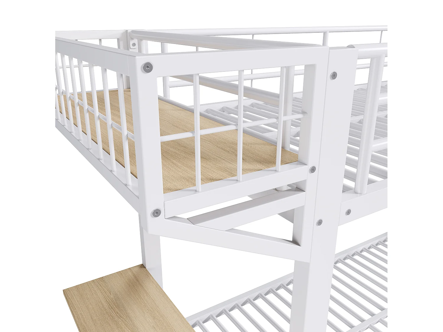 Lit superposé 90x200cm avec bureau, compartiment de rangement ouvert, garde-corps et échelle, couchages sans matelas, structure en métal blanc