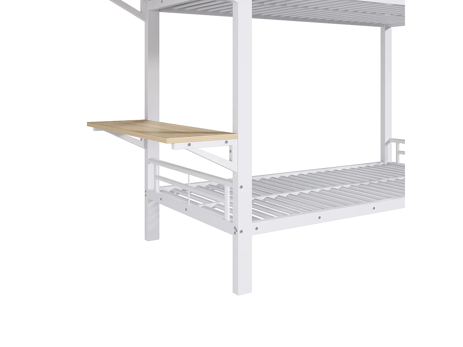 Lit superposé 90x200cm avec bureau, compartiment de rangement ouvert, garde-corps et échelle, couchages sans matelas, structure en métal blanc