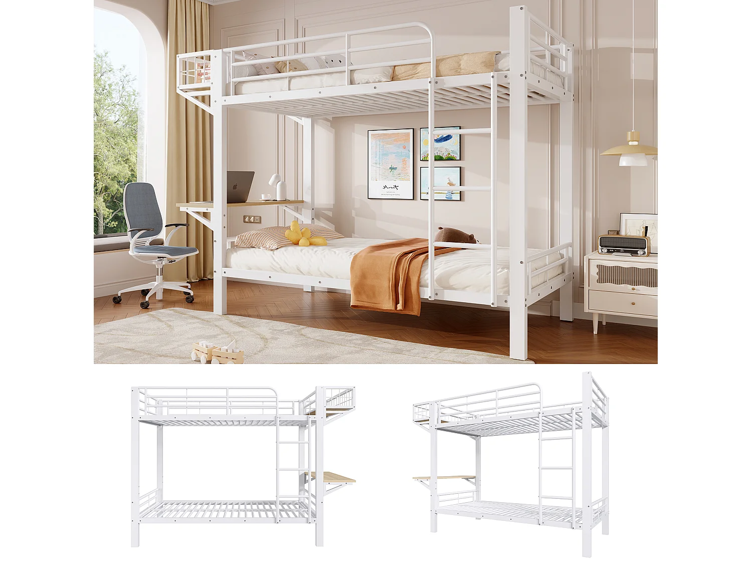 Lit superposé 90x200cm avec bureau, compartiment de rangement ouvert, garde-corps et échelle, couchages sans matelas, structure en métal blanc