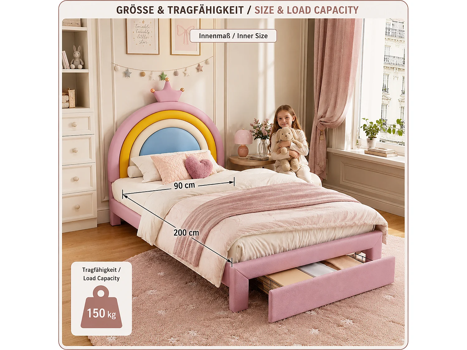 Lit enfant rembourré 90x200cm, tête de lit couronne arc-en-ciel réglable sur 2 hauteurs, tiroir au pied, charge max. 150kg, similicuir PU rose