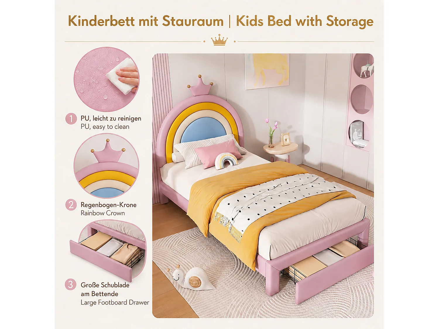Lit enfant rembourré 90x200cm, tête de lit couronne arc-en-ciel réglable sur 2 hauteurs, tiroir au pied, charge max. 150kg, similicuir PU rose