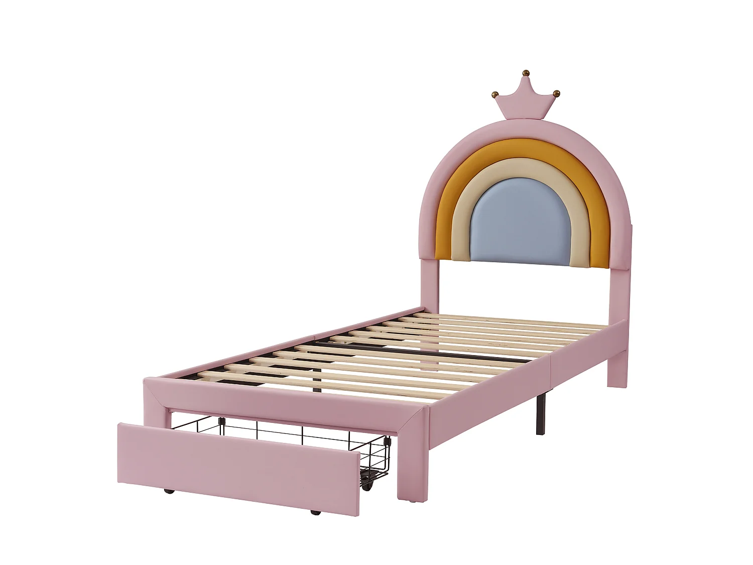 Lit enfant rembourré 90x200cm, tête de lit couronne arc-en-ciel réglable sur 2 hauteurs, tiroir au pied, charge max. 150kg, similicuir PU rose