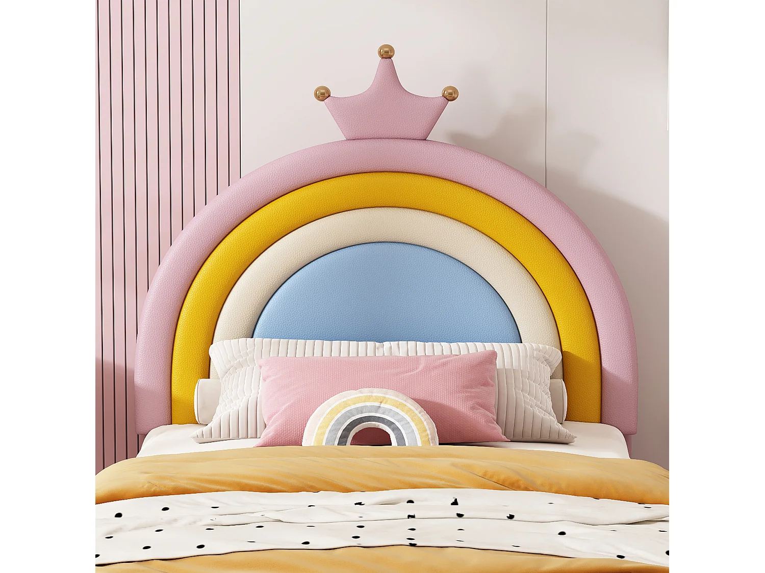 Lit enfant rembourré 90x200cm, tête de lit couronne arc-en-ciel réglable sur 2 hauteurs, tiroir au pied, charge max. 150kg, similicuir PU rose