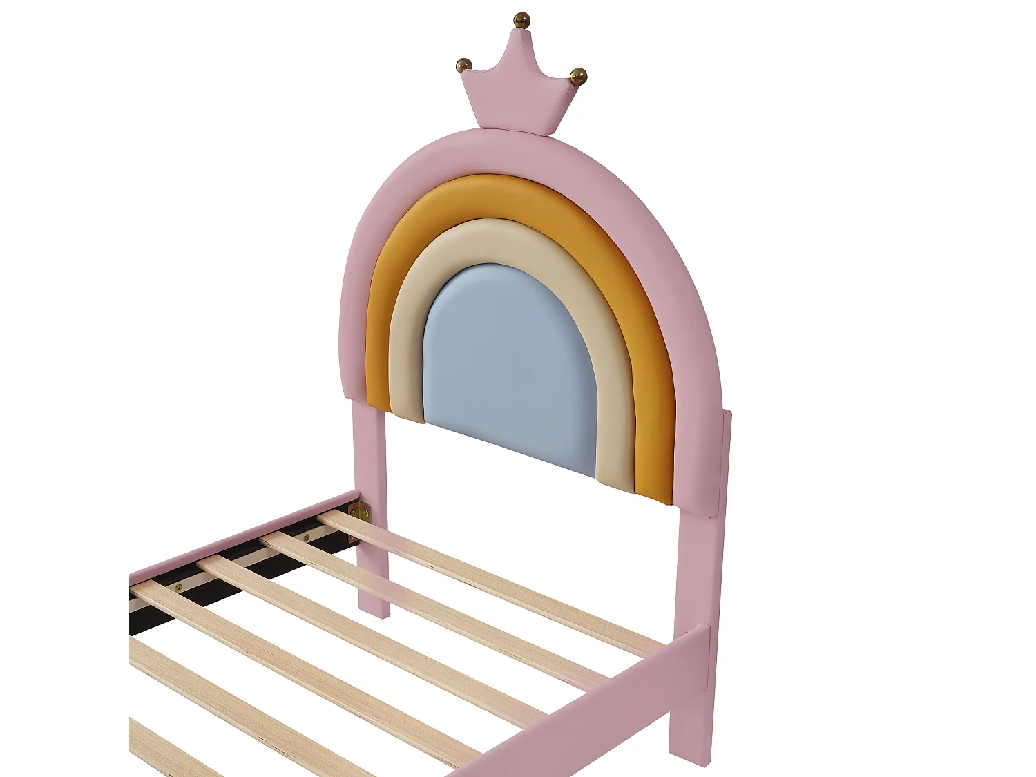 Lit enfant rembourré 90x200cm, tête de lit couronne arc-en-ciel réglable sur 2 hauteurs, tiroir au pied, charge max. 150kg, similicuir PU rose