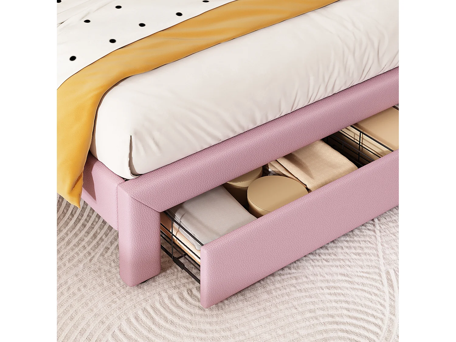 Lit enfant rembourré 140x200cm, tête de lit couronne arc-en-ciel réglable sur 2 hauteurs, tiroir au pied, charge max. 220kg, similicuir PU rose