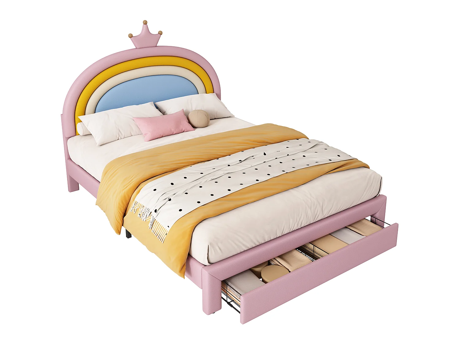 Lit enfant rembourré 140x200cm, tête de lit couronne arc-en-ciel réglable sur 2 hauteurs, tiroir au pied, charge max. 220kg, similicuir PU rose