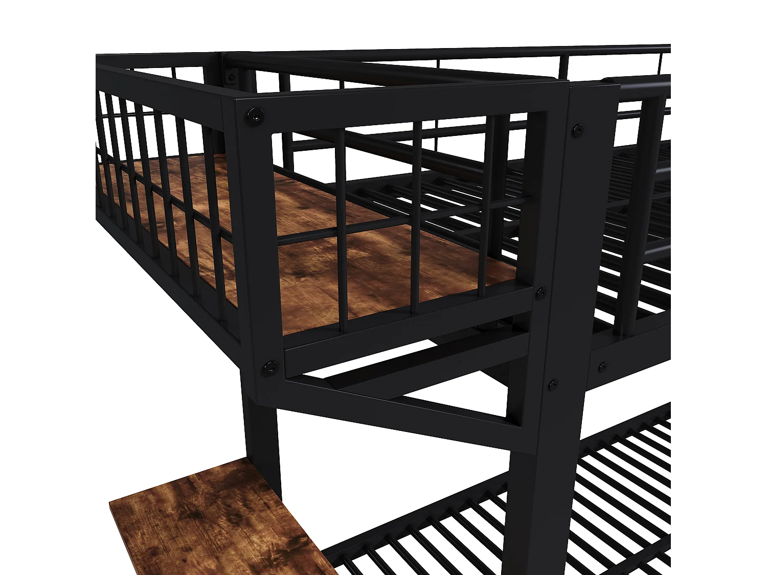 Lit superposé 90x200cm avec bureau, compartiment de rangement ouvert, garde-corps et échelle, couchage sans matelas, structure en métal noir