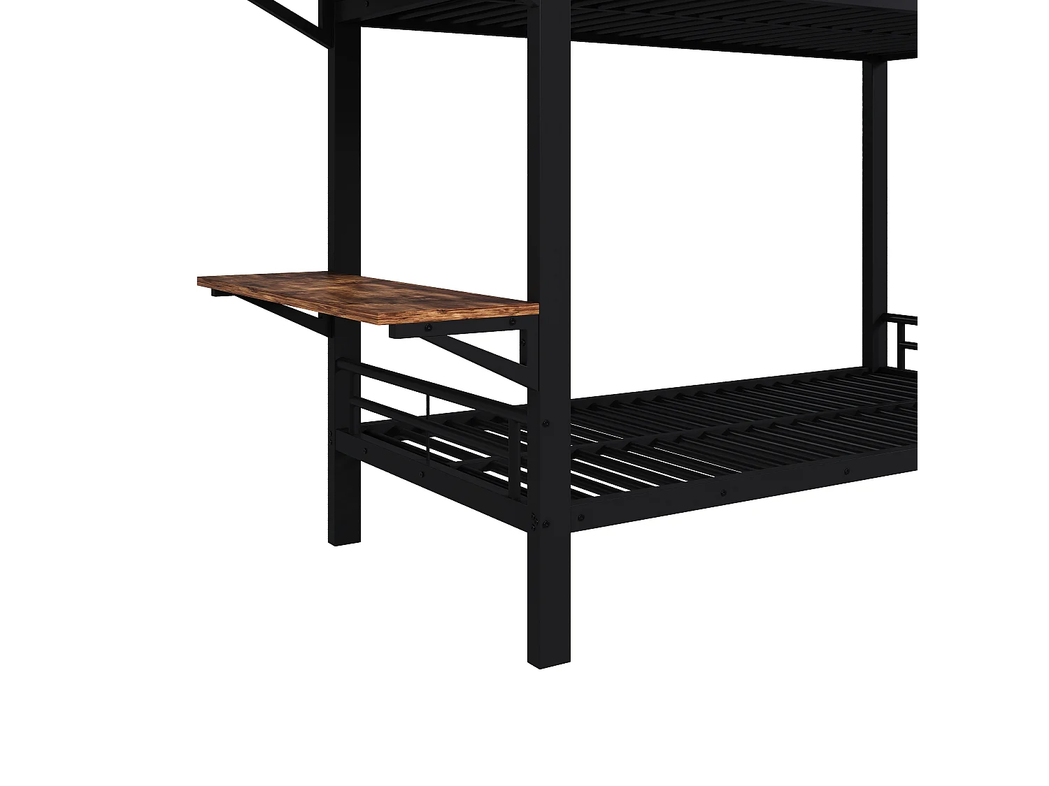 Lit superposé 90x200cm avec bureau, compartiment de rangement ouvert, garde-corps et échelle, couchage sans matelas, structure en métal noir