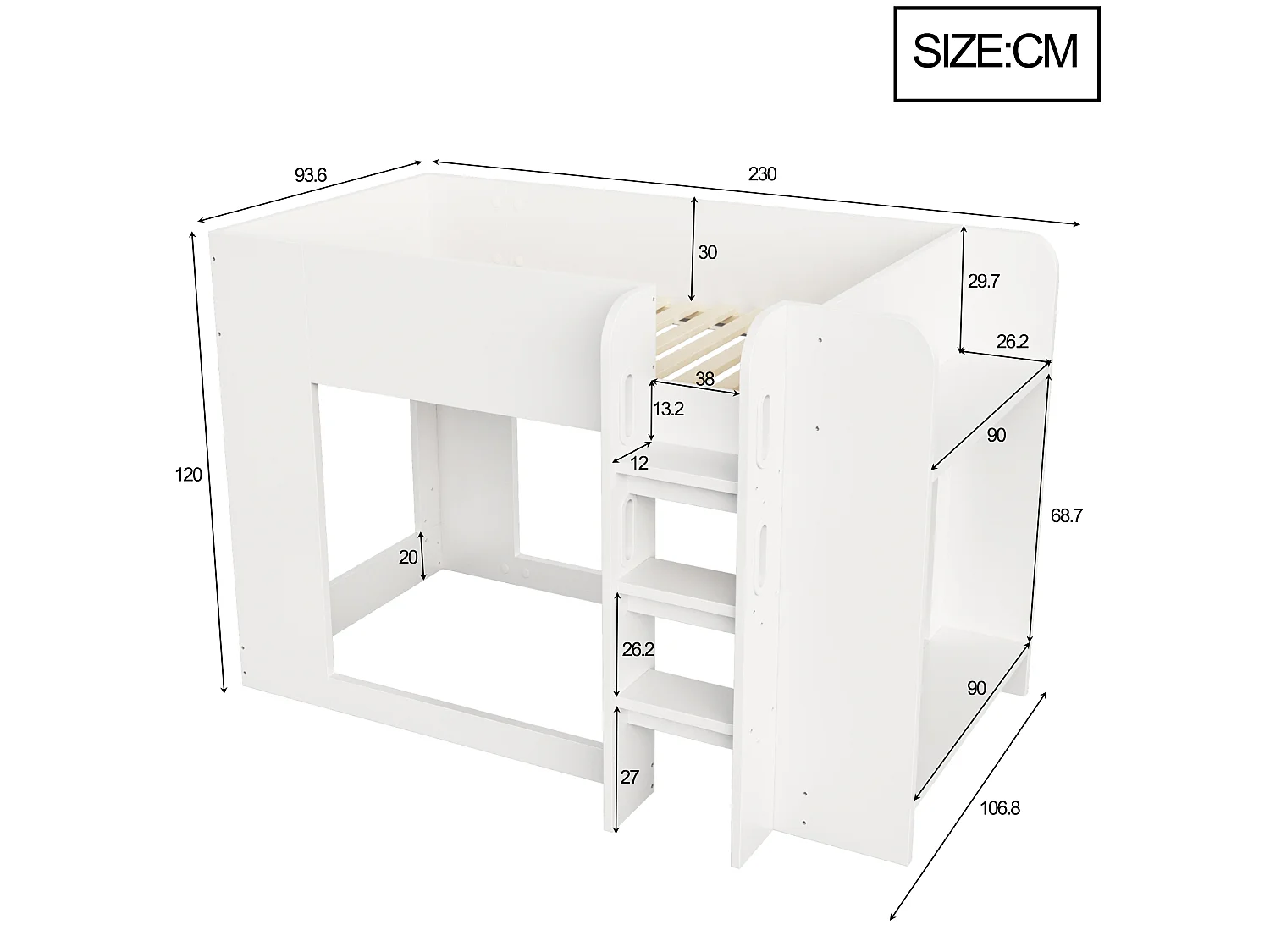 Lit mezzanine enfant 90 x 200 cm, barrières de sécurité, échelle, étagères latérales et espace sous le lit, blanc