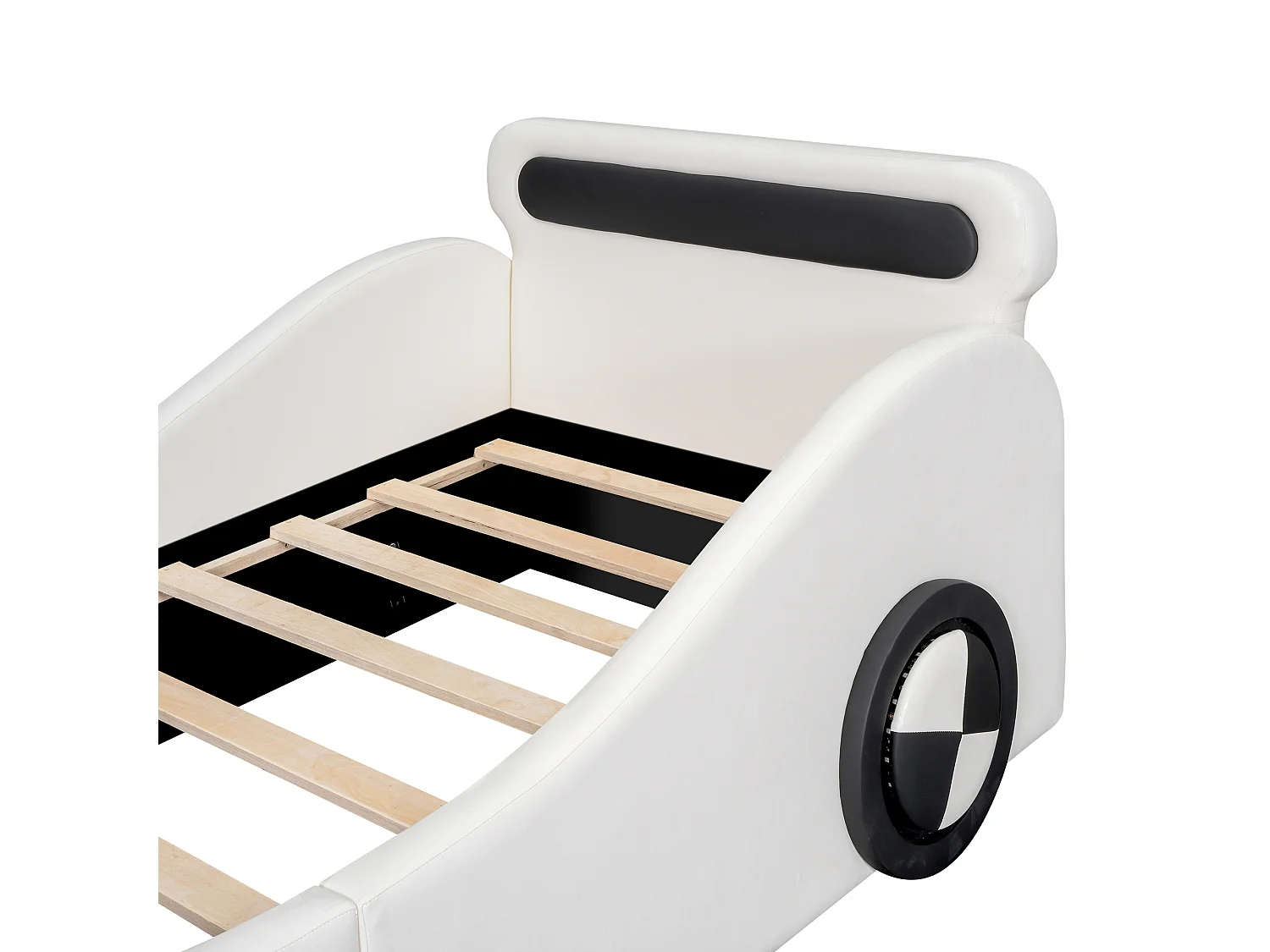 Lit voiture enfant 90 x 200 cm, lit simple rembourré avec roues LED pilotées par appli,PU, MDF, blanc