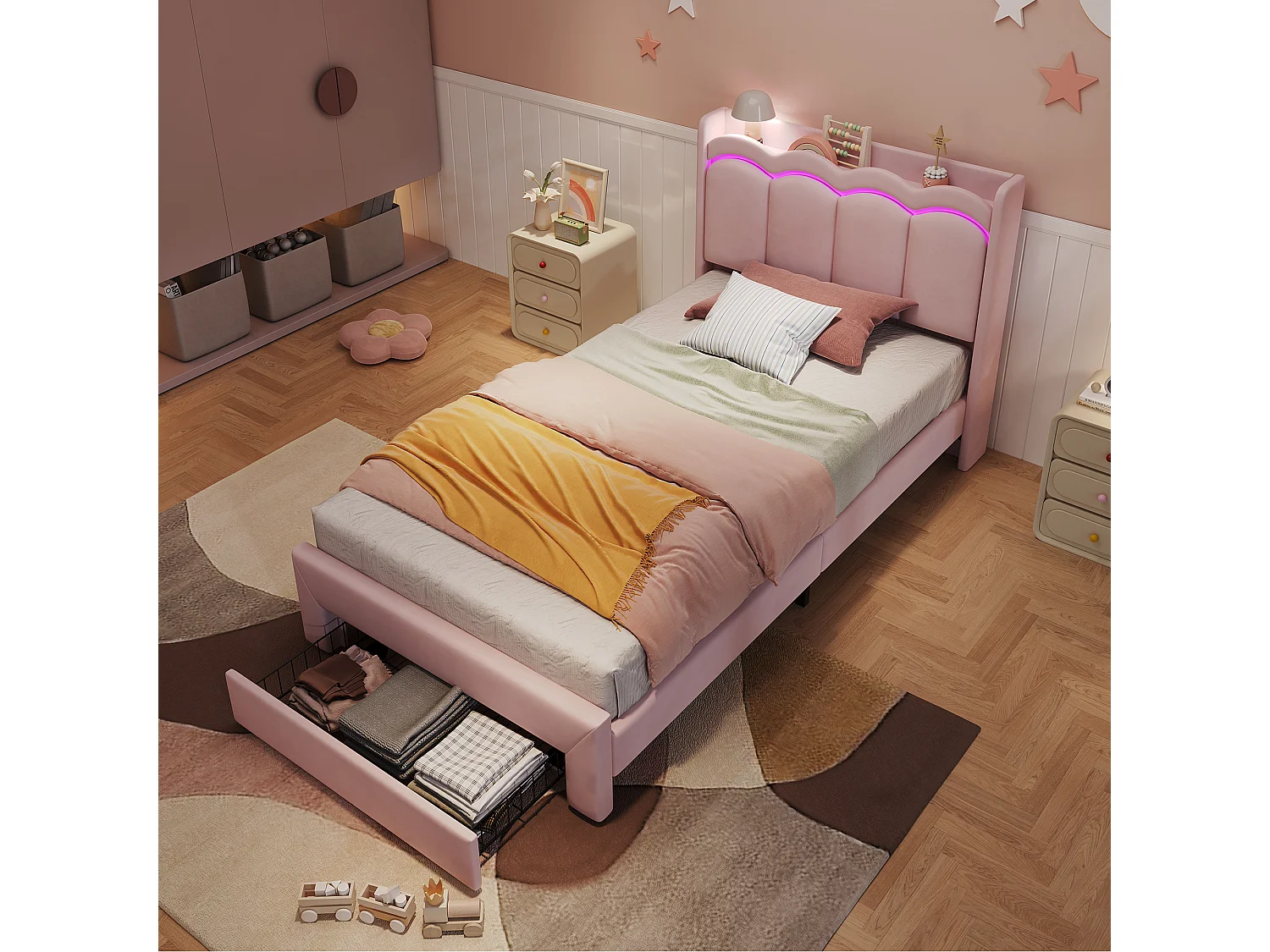 Lit enfant rembourré 90 x 200 cm, tiroir au pied, tête de lit ondulée avec tablette et LED connectée, rose