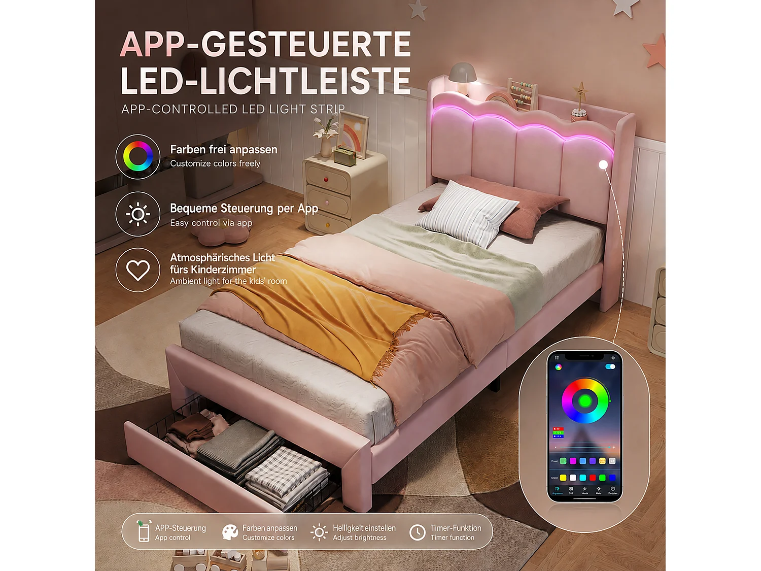 Lit enfant rembourré 90 x 200 cm, tiroir au pied, tête de lit ondulée avec tablette et LED connectée, rose
