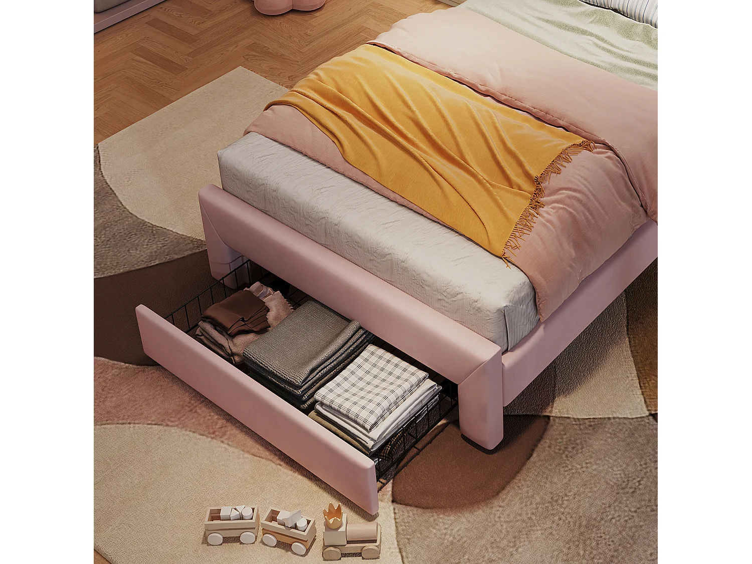 Lit enfant rembourré 90 x 200 cm, tiroir au pied, tête de lit ondulée avec tablette et LED connectée, rose
