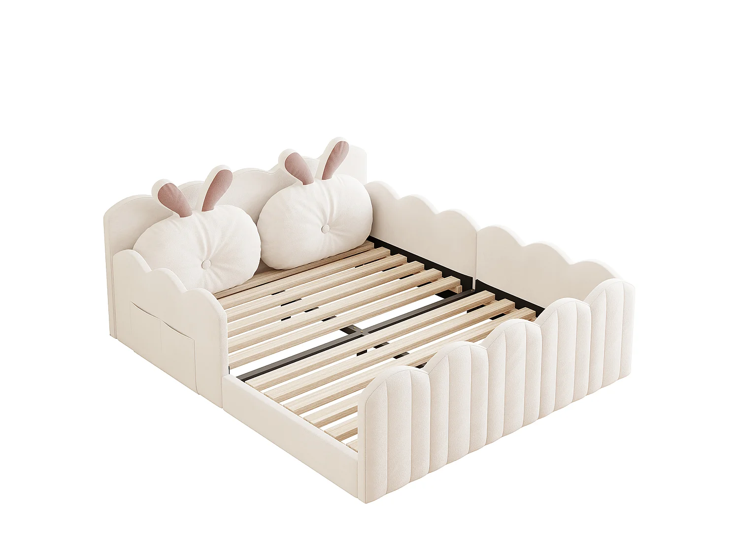 Lit plateforme rembourré 140 x 200 cm, lit double enfant avec tête de lit et coussin décoratif en forme de lapin pour chambre, coloris beige
