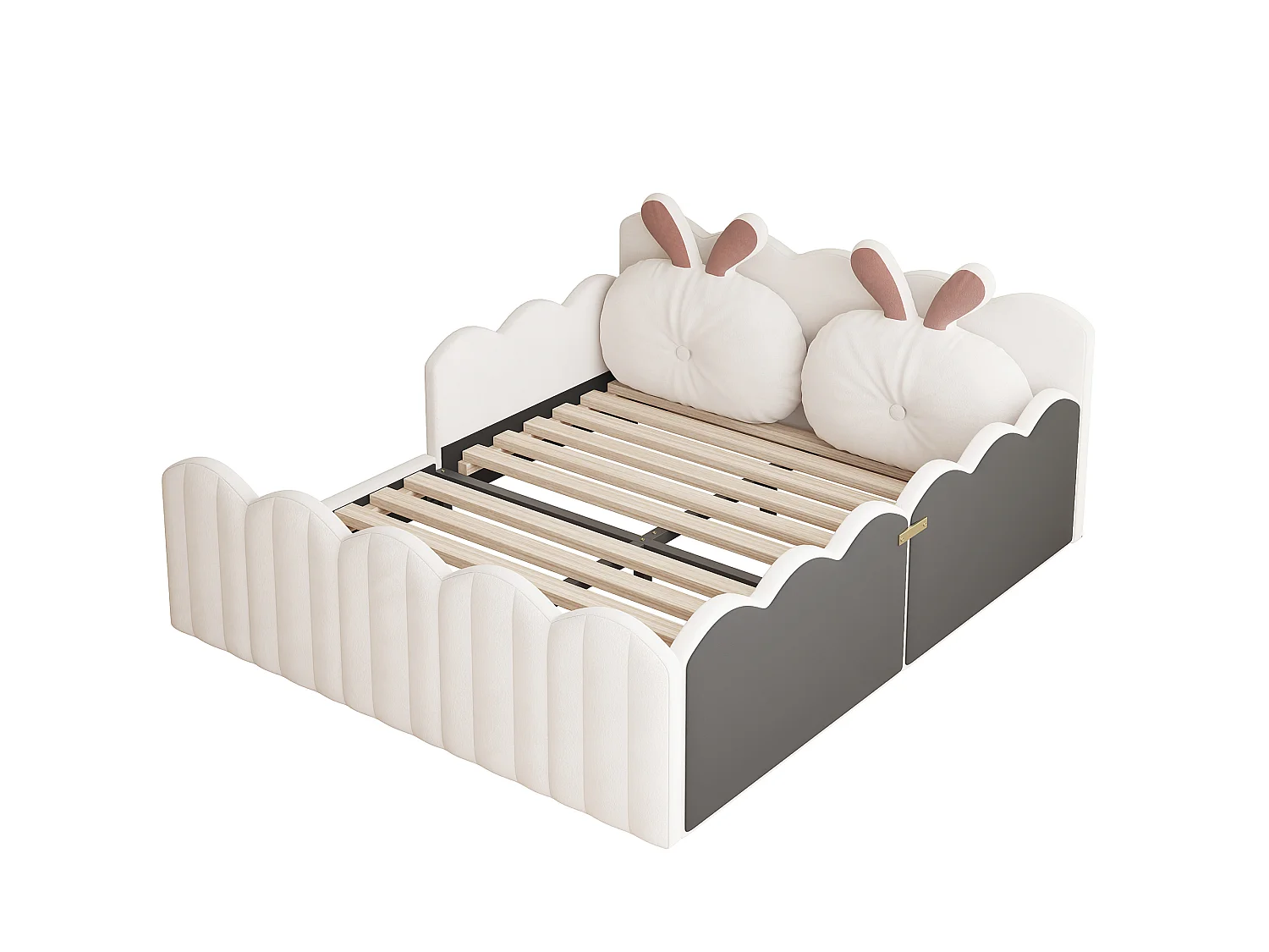Lit plateforme rembourré 140 x 200 cm, lit double enfant avec tête de lit et coussin décoratif en forme de lapin pour chambre, coloris beige