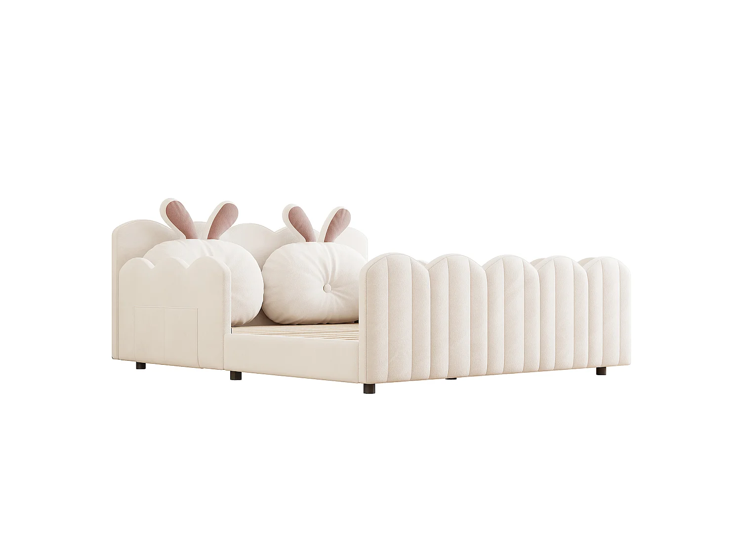 Lit plateforme rembourré 140 x 200 cm, lit double enfant avec tête de lit et coussin décoratif en forme de lapin pour chambre, coloris beige