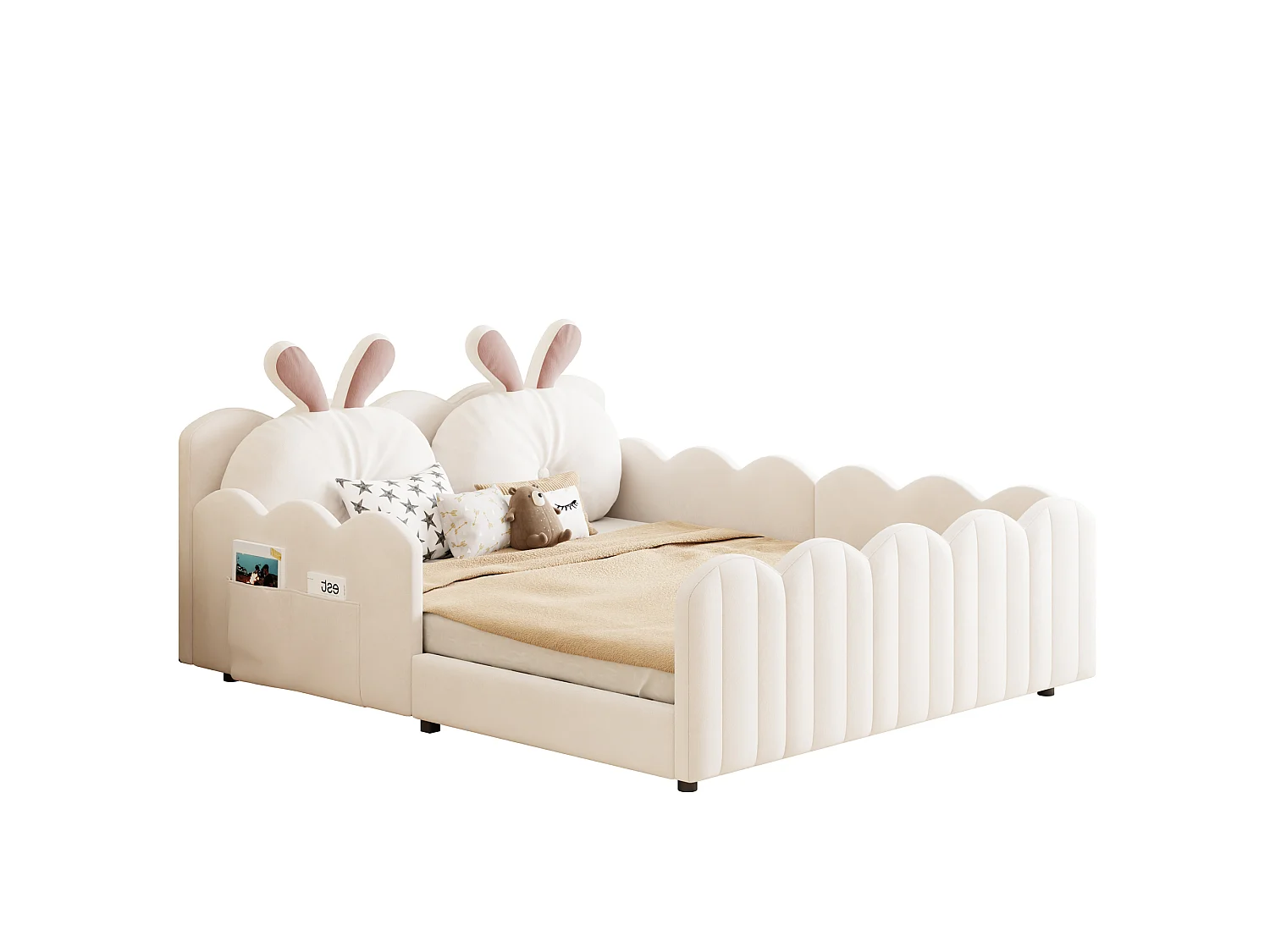 Lit plateforme rembourré 140 x 200 cm, lit double enfant avec tête de lit et coussin décoratif en forme de lapin pour chambre, coloris beige