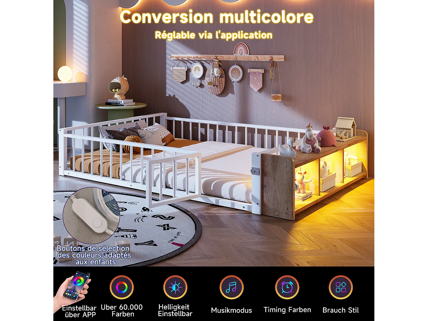 Lit double en Métal 140x200cm avec Éclairage LED Intégré - Lit enfant avec Rangements et Barrière de Sécurité - blanc