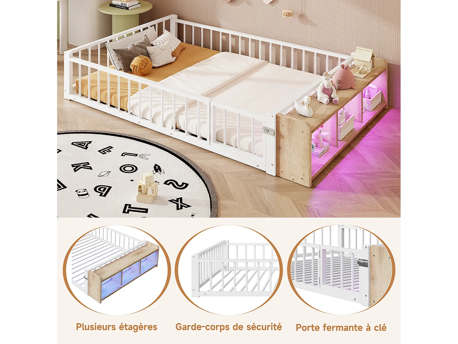 Lit double en Métal 140x200cm avec Éclairage LED Intégré - Lit enfant avec Rangements et Barrière de Sécurité - blanc