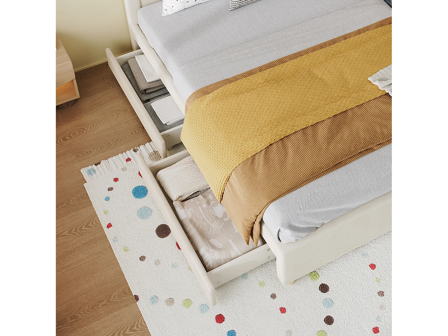 Lit enfant 140 x 200 cm, tête de lit cabane rembourrée, 4 tiroirs de rangement, revêtement velours, beige