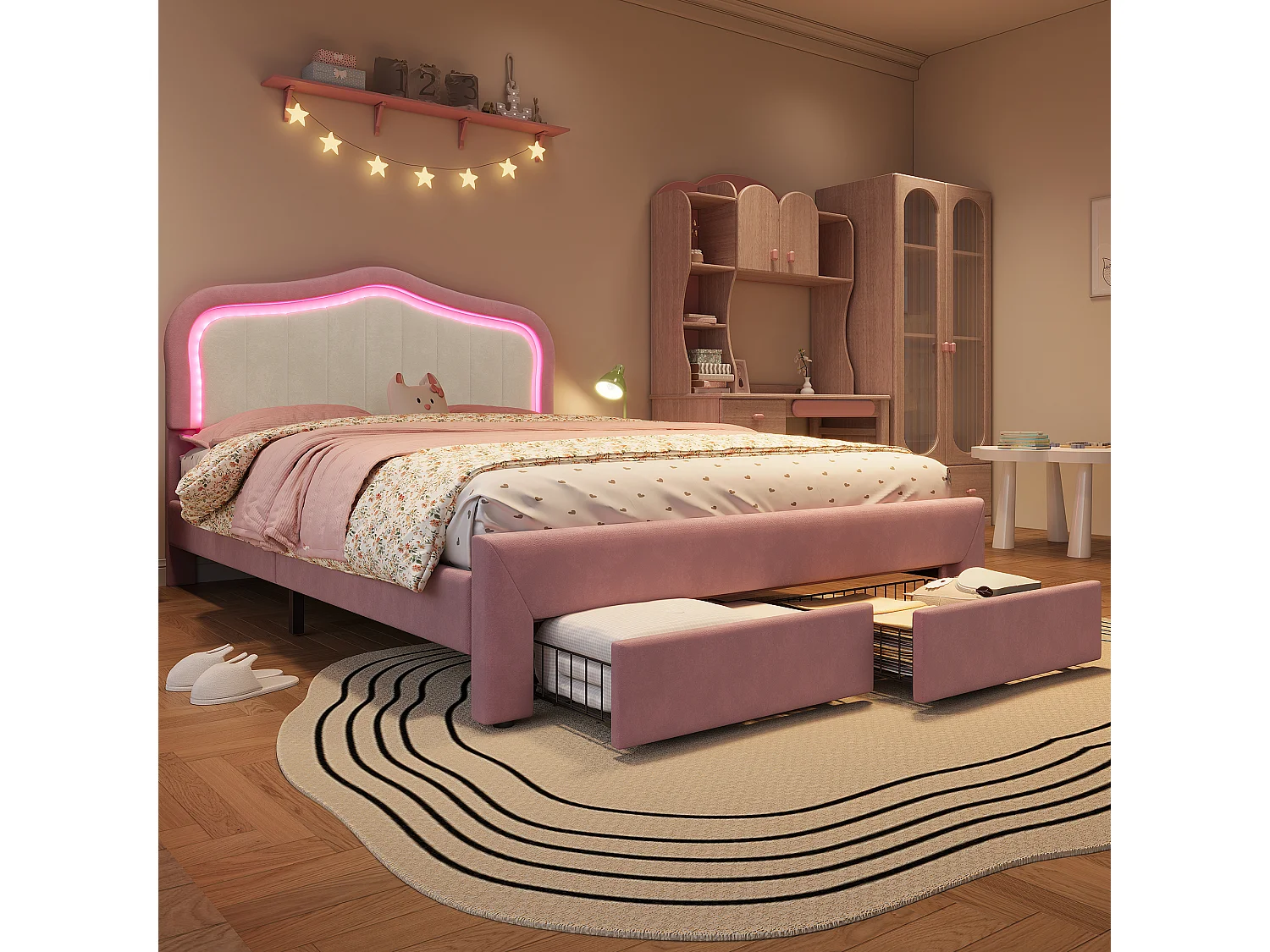Lit enfant rembourré 140 x 200 cm, 2 tiroirs au pied, dossier blanc et éclairage LED connecté, rose