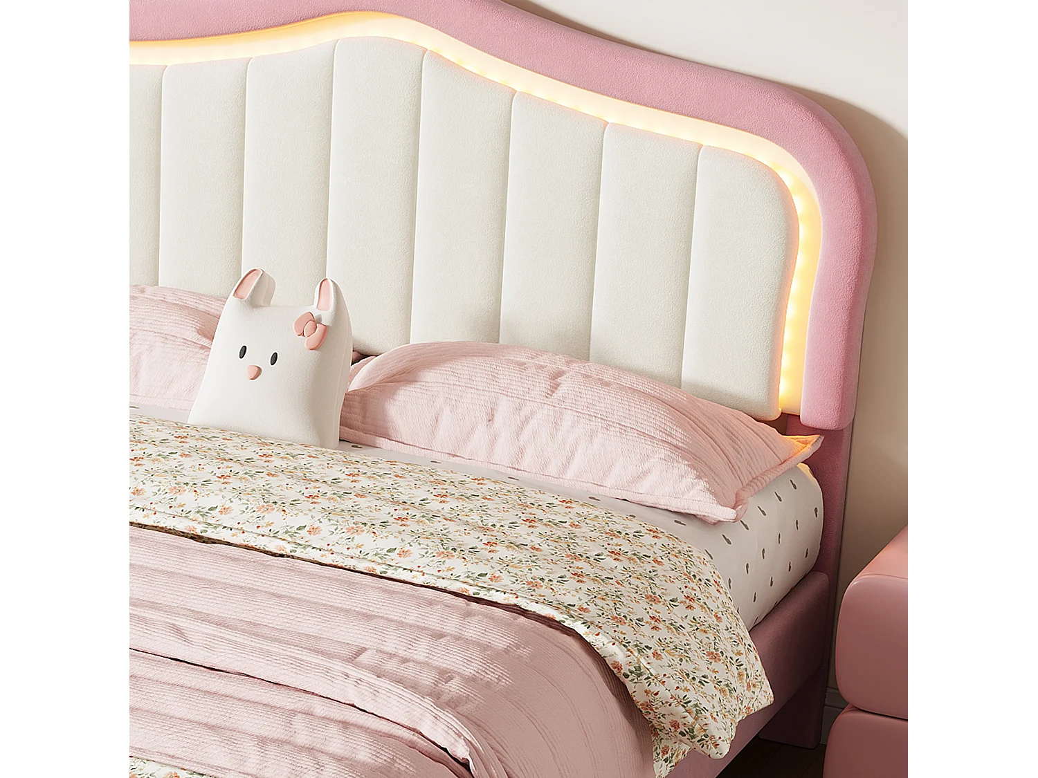 Lit enfant rembourré 140 x 200 cm, 2 tiroirs au pied, dossier blanc et éclairage LED connecté, rose