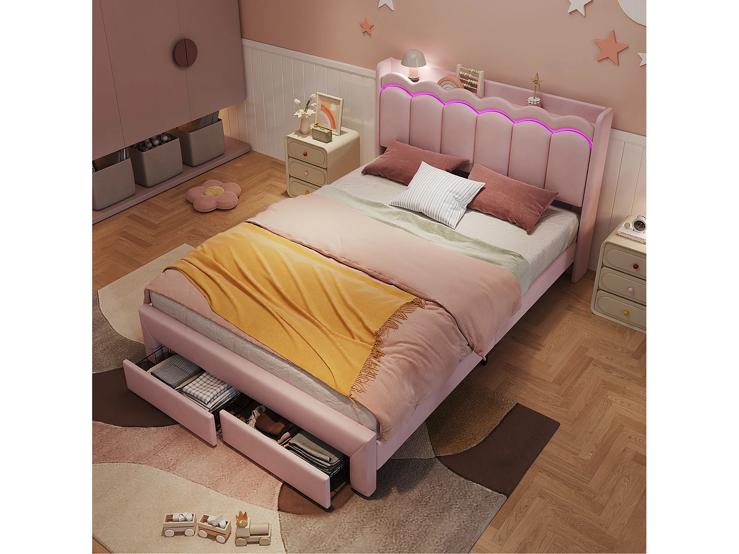 Lit enfant rembourré 140 x 200 cm, 2 tiroirs au pied, tête de lit ondulée avec tablette et LED connectée, rose