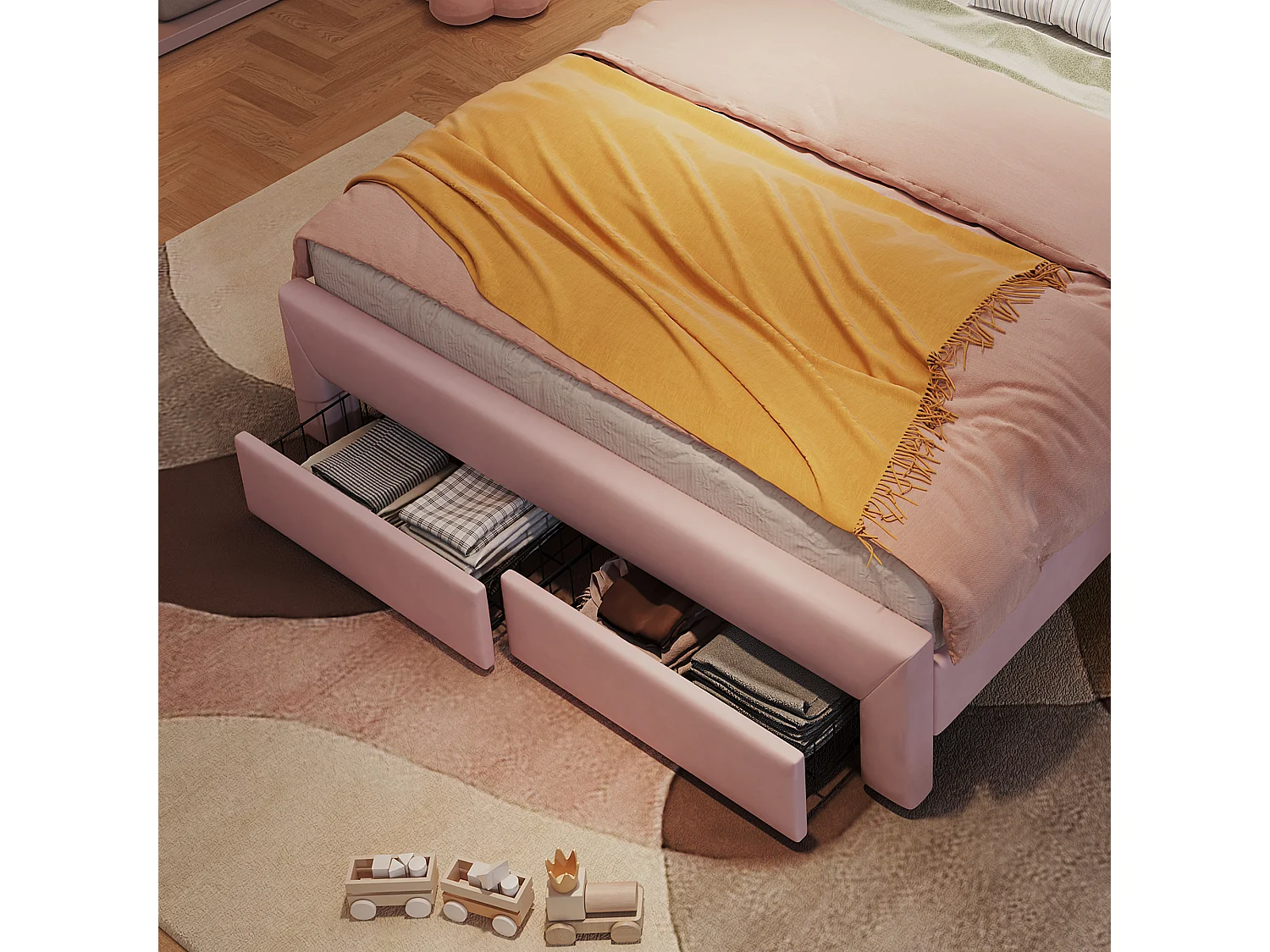 Lit enfant rembourré 140 x 200 cm, 2 tiroirs au pied, tête de lit ondulée avec tablette et LED connectée, rose