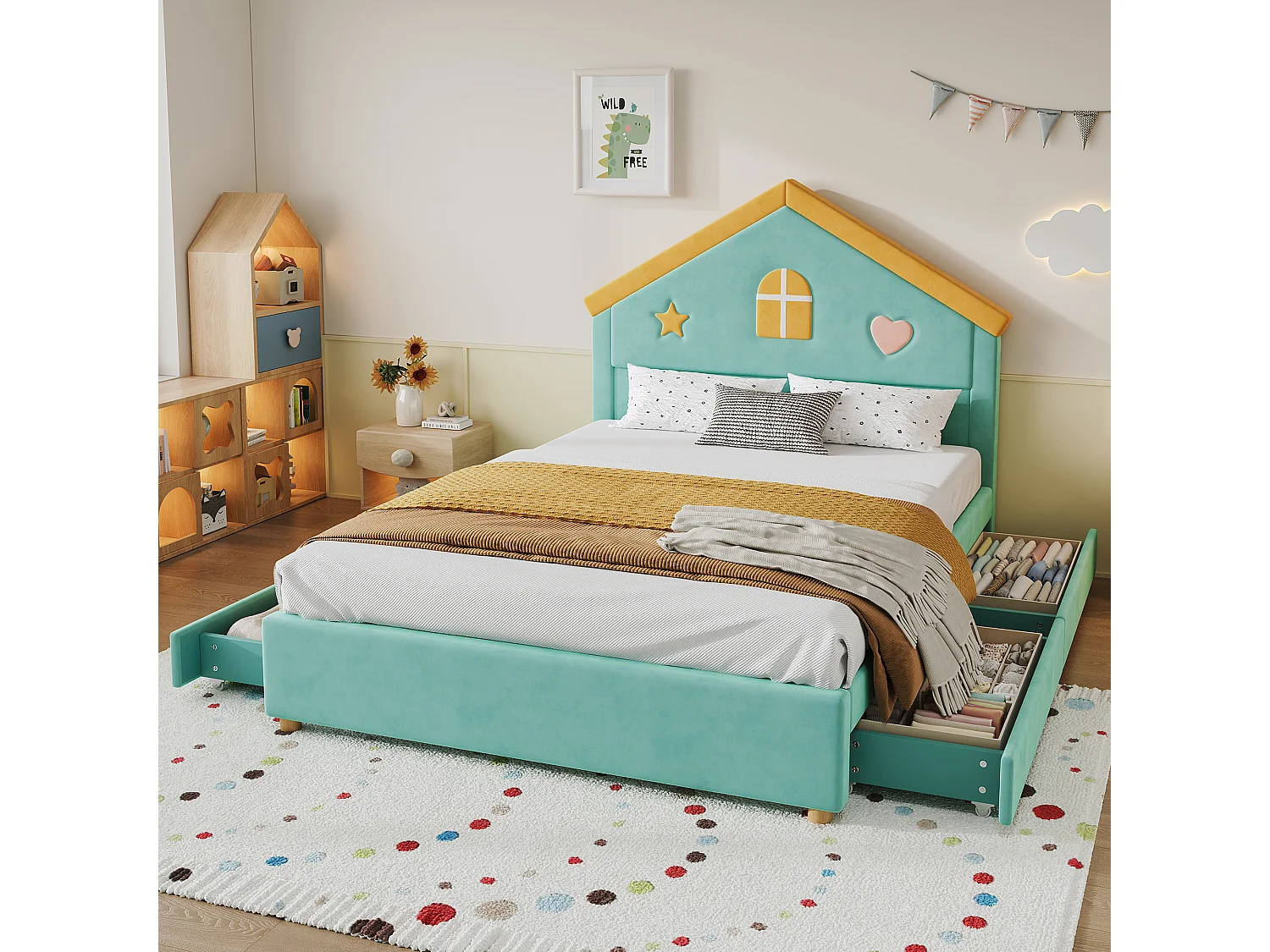 Lit enfant 140 x 200 cm, tête de lit cabane rembourrée, 4 tiroirs de rangement, revêtement velours, bleu-vert