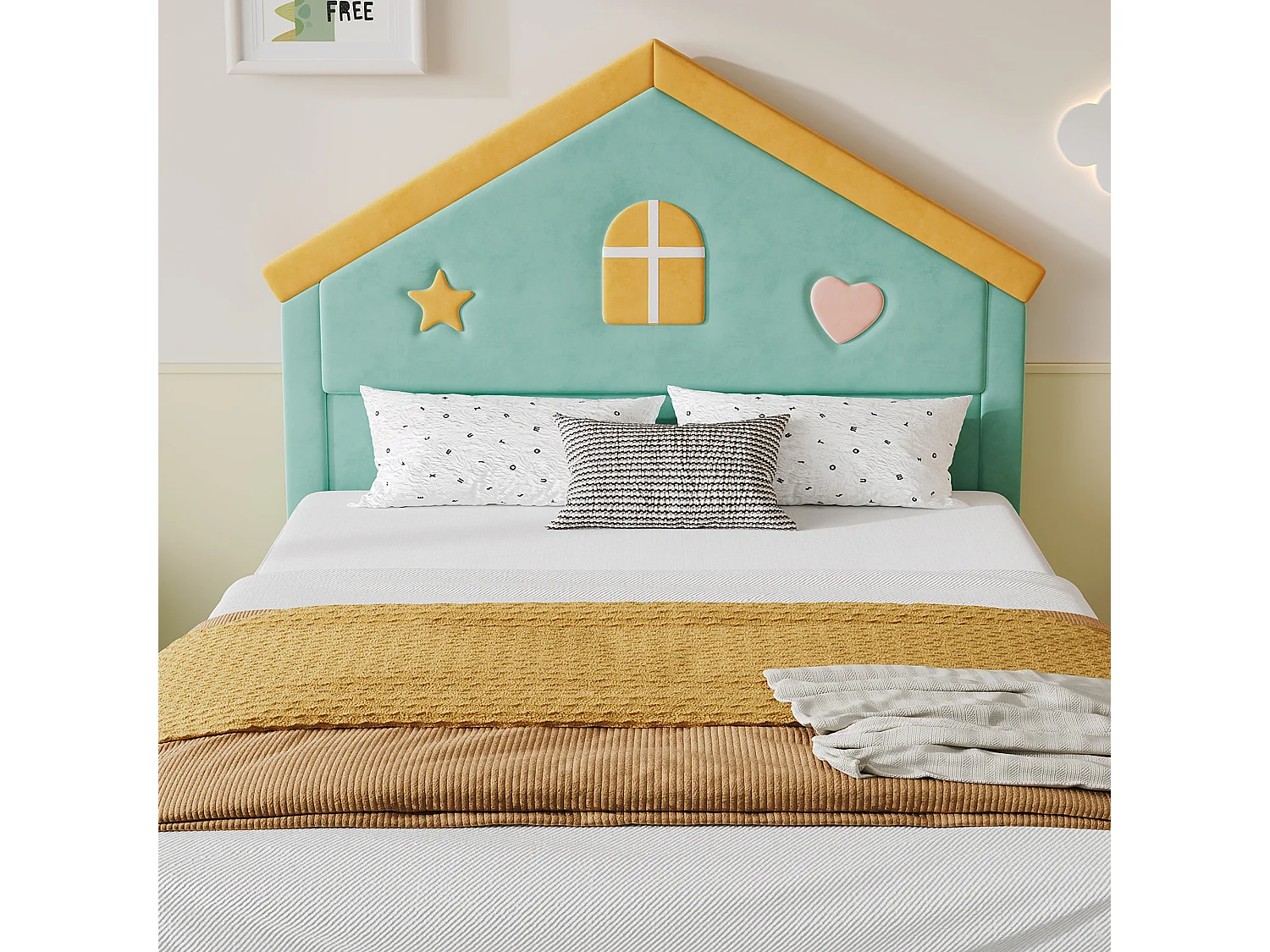Lit enfant 140 x 200 cm, tête de lit cabane rembourrée, 4 tiroirs de rangement, revêtement velours, bleu-vert
