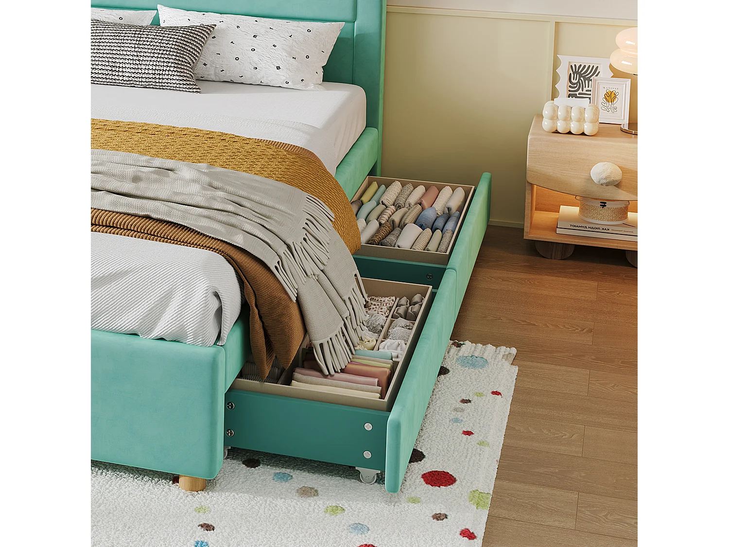 Lit enfant 140 x 200 cm, tête de lit cabane rembourrée, 4 tiroirs de rangement, revêtement velours, bleu-vert