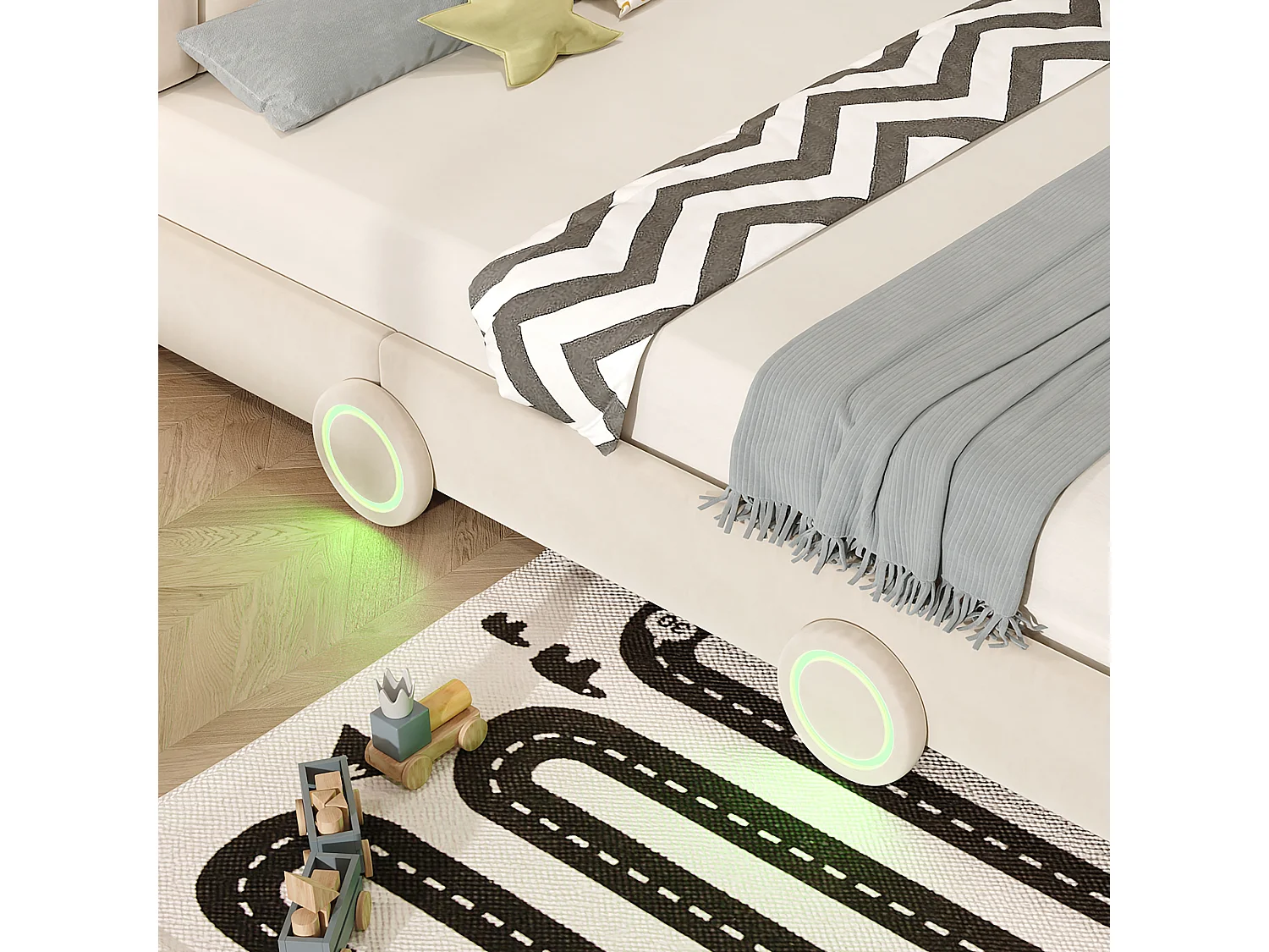Lit voiture enfant rembourré 140x200cm, tête de lit réglable sur 2 hauteurs, dossier épais style siège auto et roues LED, velours beige
