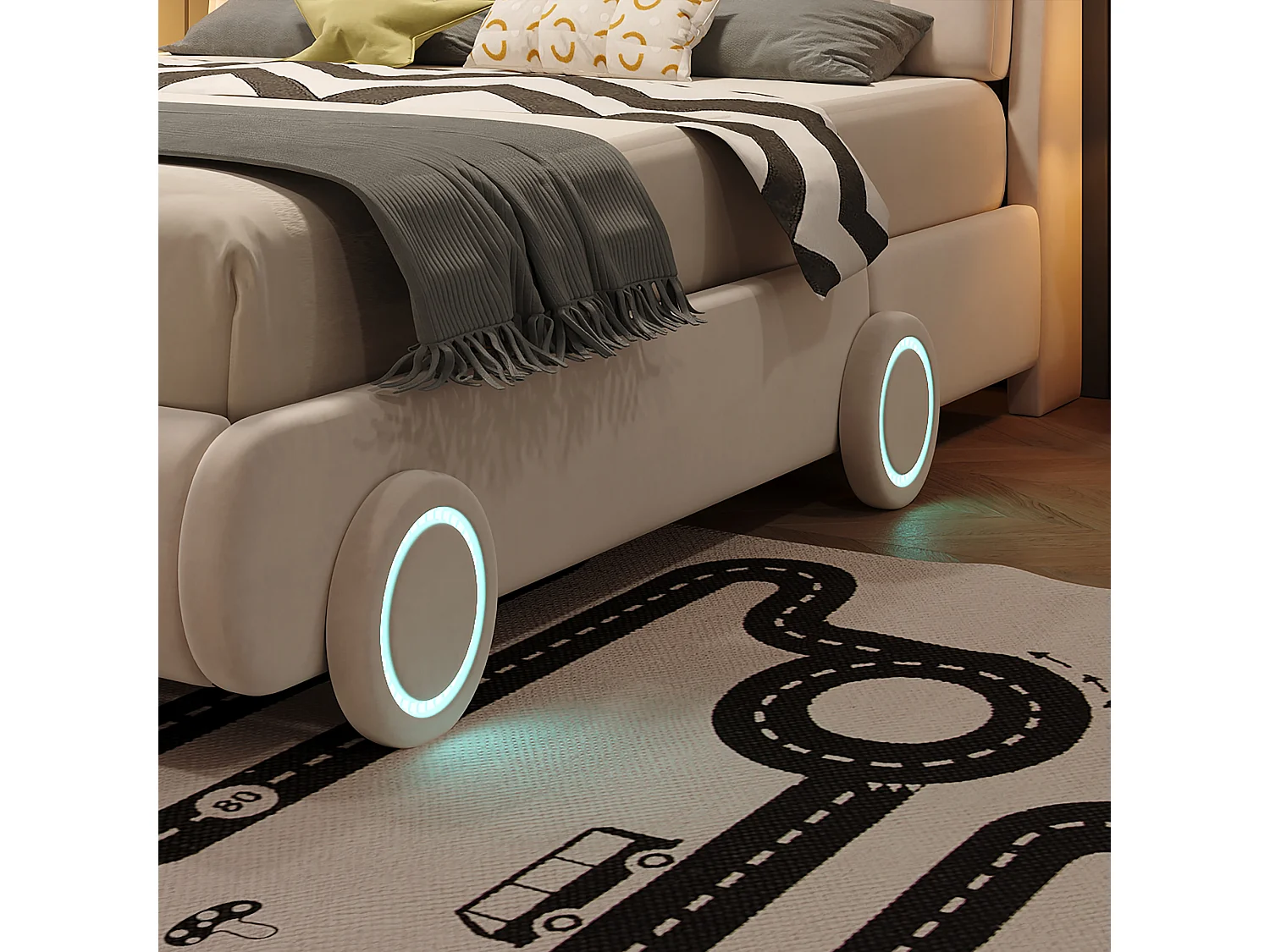 Lit voiture enfant rembourré 140x200cm, tête de lit réglable sur 2 hauteurs, dossier épais style siège auto et roues LED, velours beige