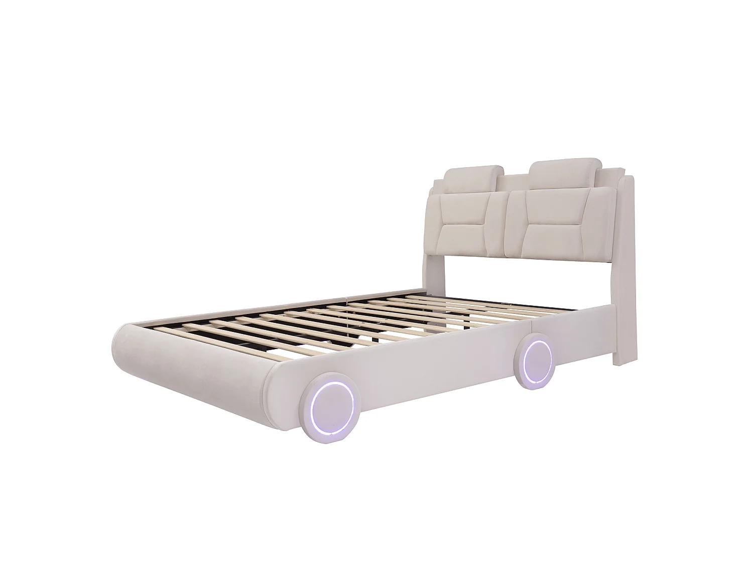 Lit voiture enfant rembourré 140x200cm, tête de lit réglable sur 2 hauteurs, dossier épais style siège auto et roues LED, velours beige