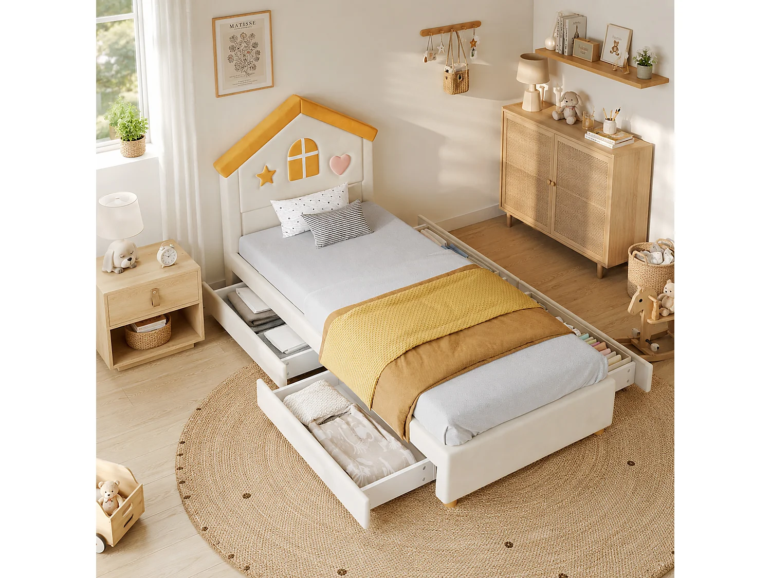 Lit enfant 90 x 200 cm, tête de lit cabane rembourrée, 4 tiroirs de rangement, revêtement velours, beige