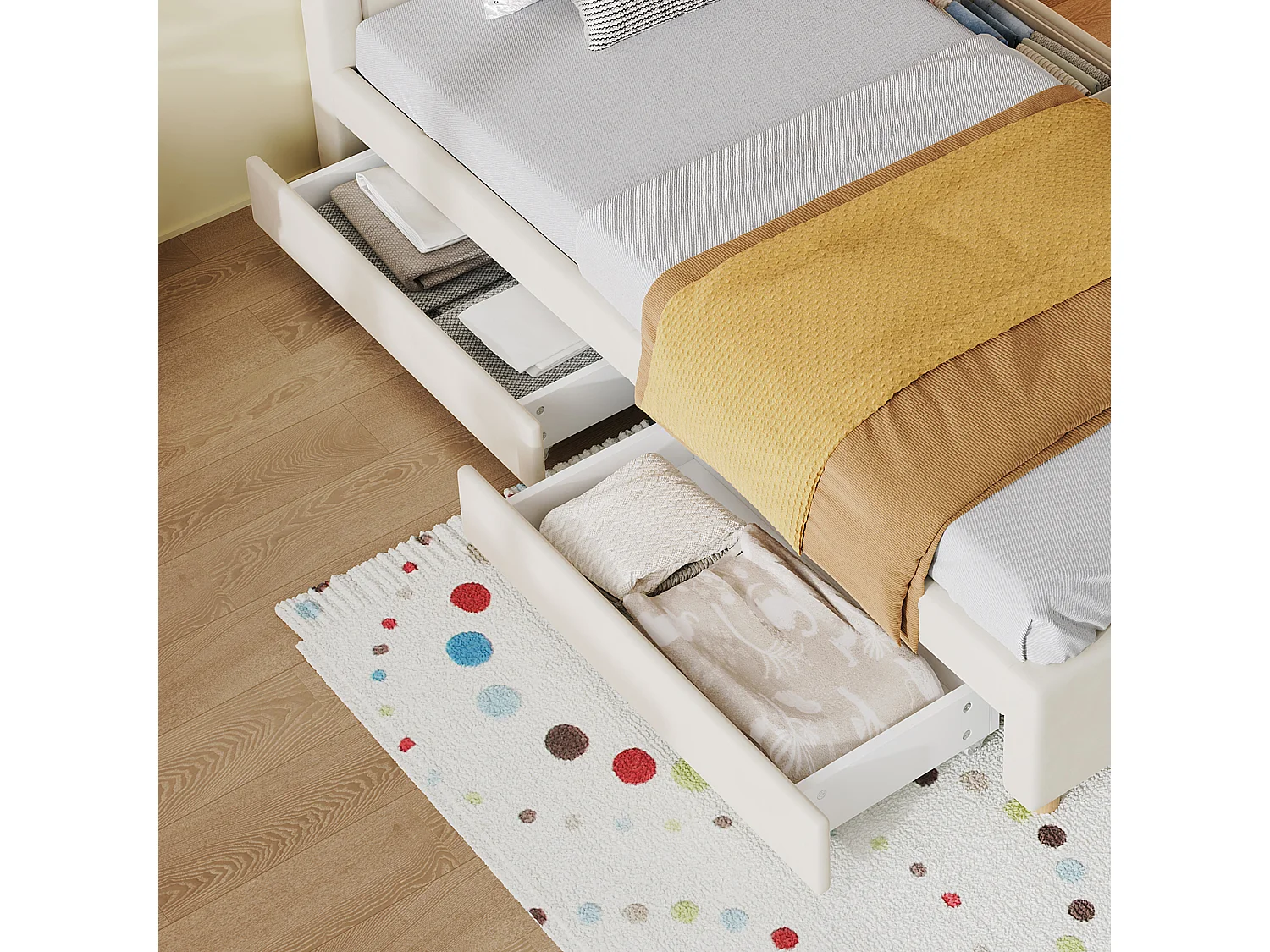 Lit enfant 90 x 200 cm, tête de lit cabane rembourrée, 4 tiroirs de rangement, revêtement velours, beige