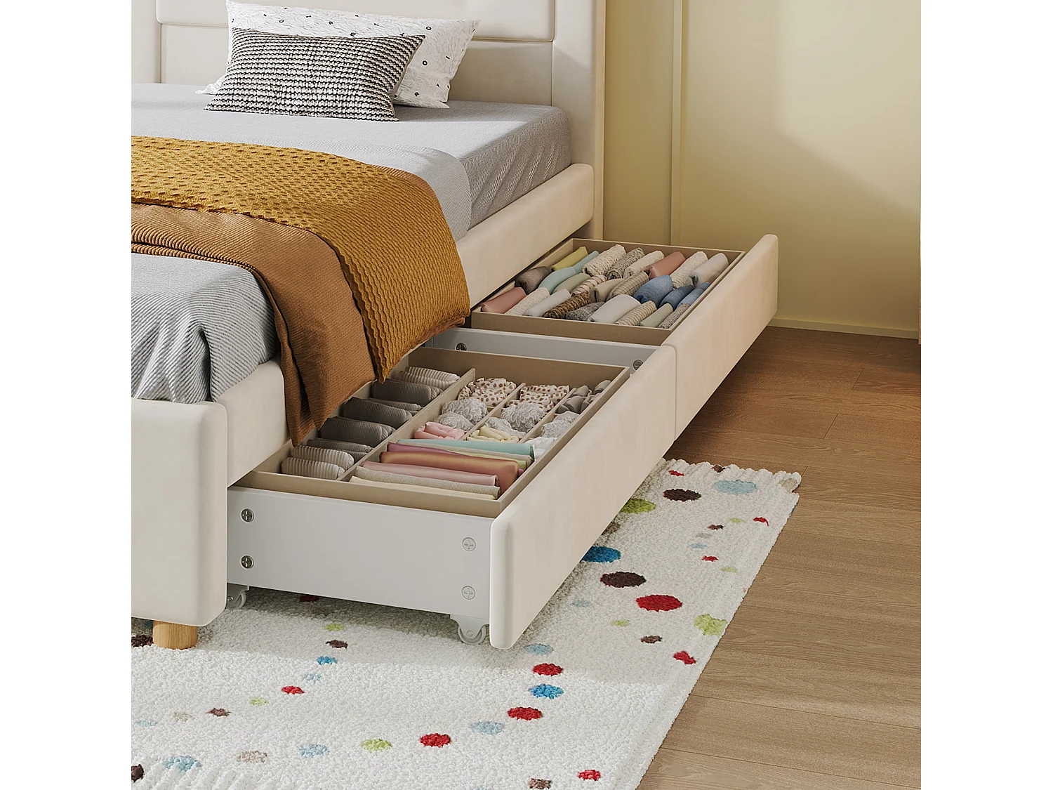 Lit enfant 90 x 200 cm, tête de lit cabane rembourrée, 4 tiroirs de rangement, revêtement velours, beige
