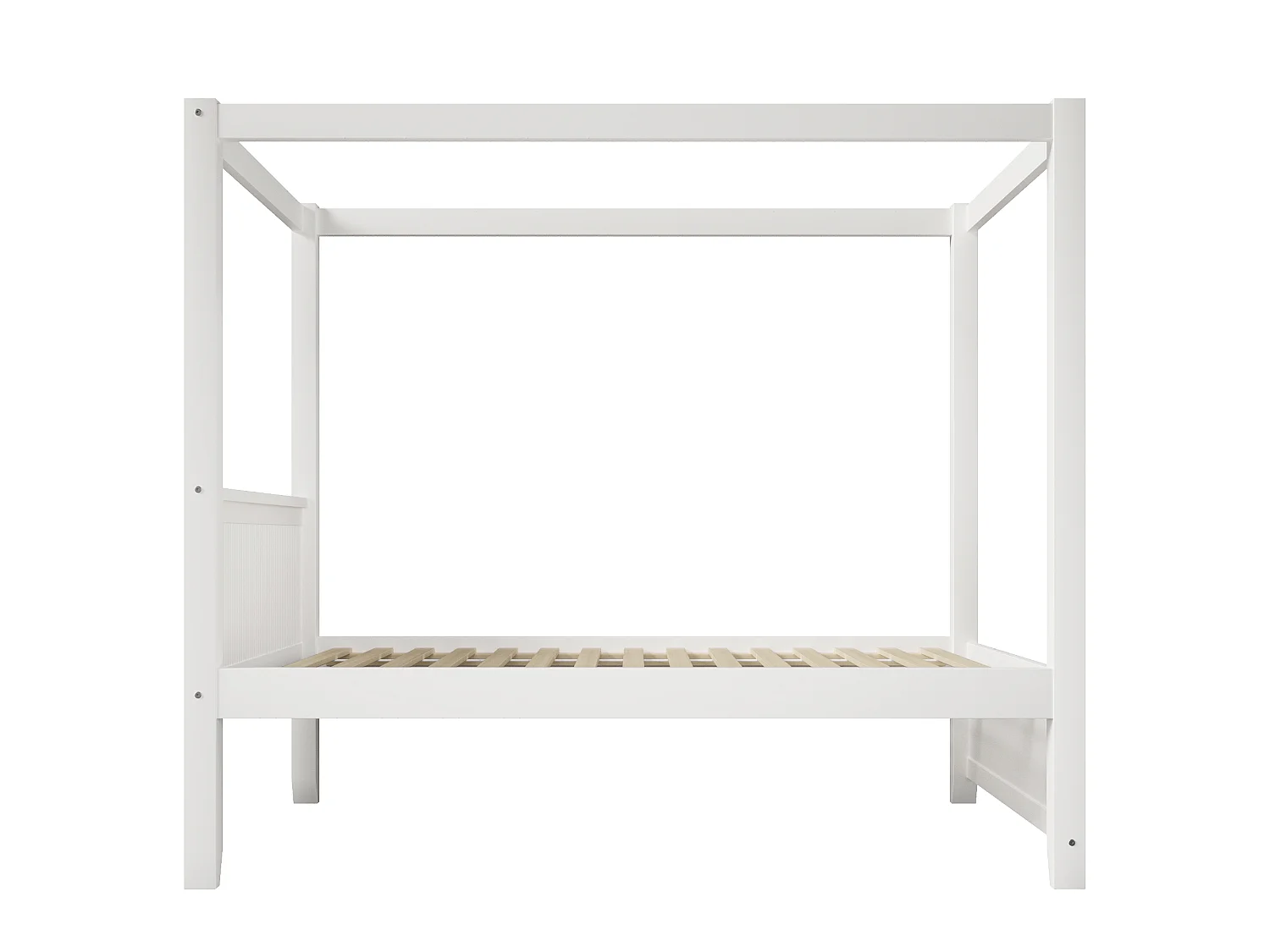 Lit à baldaquin enfant 90x200 cm, cadre de toit décoratif, tête et pied de lit à lattes verticales, structure en Bois, Blanc